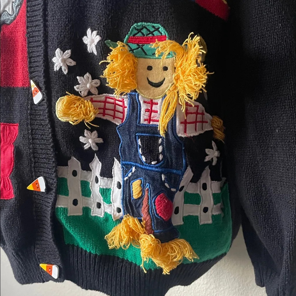 Gladys Bagley Vintage Halloween Cardigan – Pumpkin Patch Teddy Bear, Ghosts SZ L Black Size L - Image 6