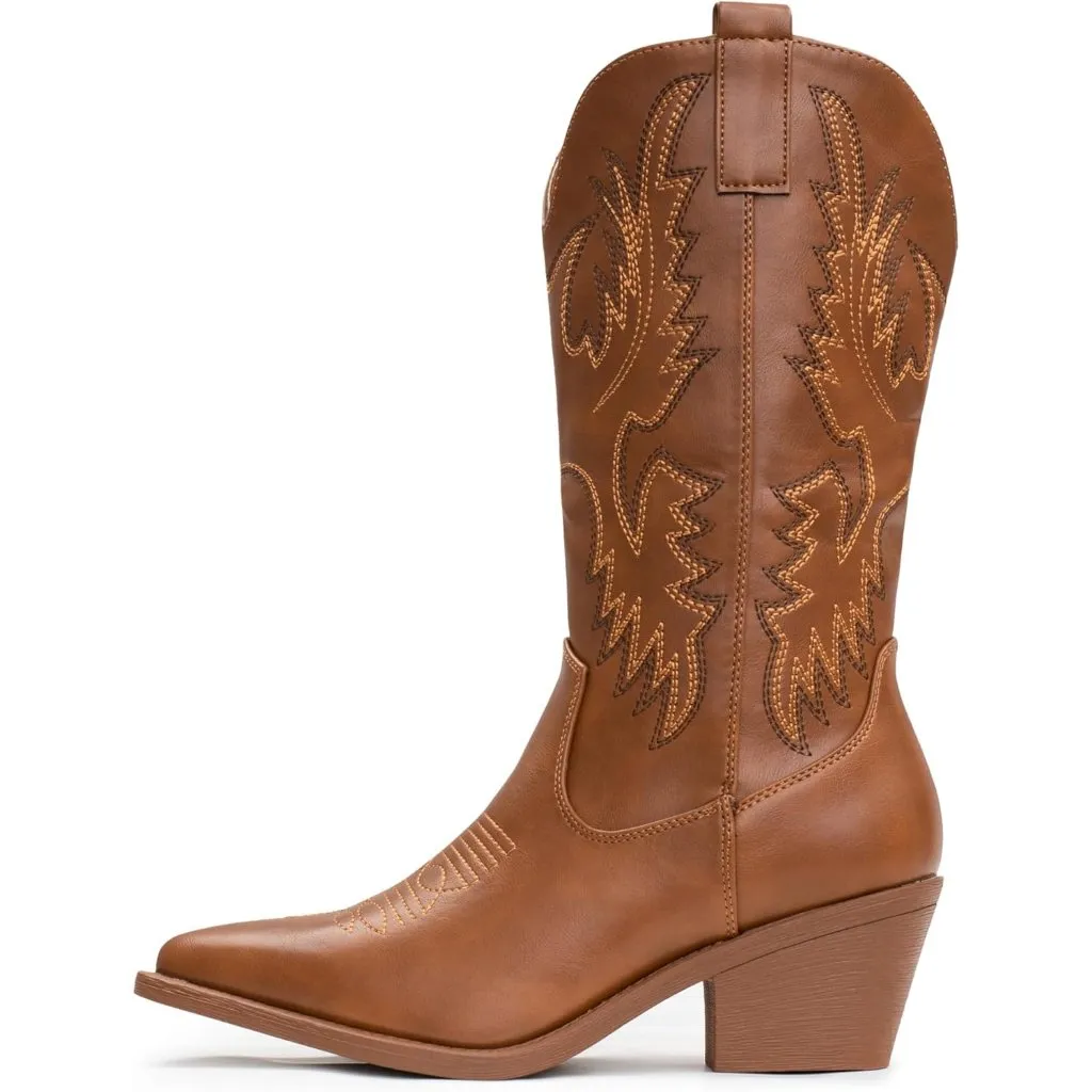 Women's Brown Embroidery Western Cowgirl Boots Pull On Pointy Toe Mid Calf Size 6 - Image 2