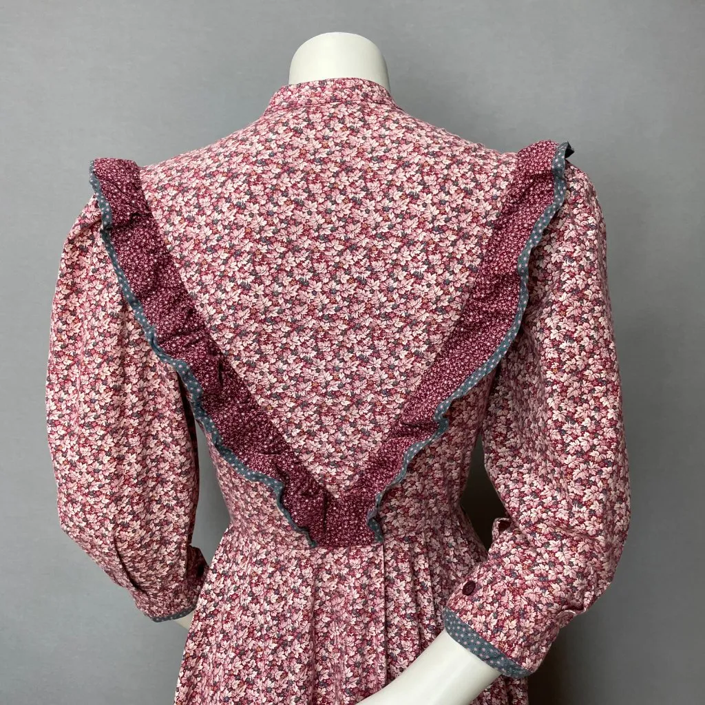 Vintage Eklecktic Prairie Dress‎ Edwardian Midi Calico Ruffles Cottagecore Retro Pink Size XXS - Image 6