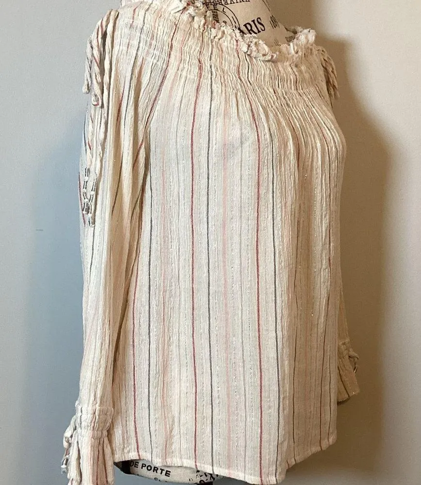 LOVE SAM BOHO OFF THE SHOULDER FRINGED LONG SLEEVE LINEN COLOR COTTON TOP SZ S - Image 3