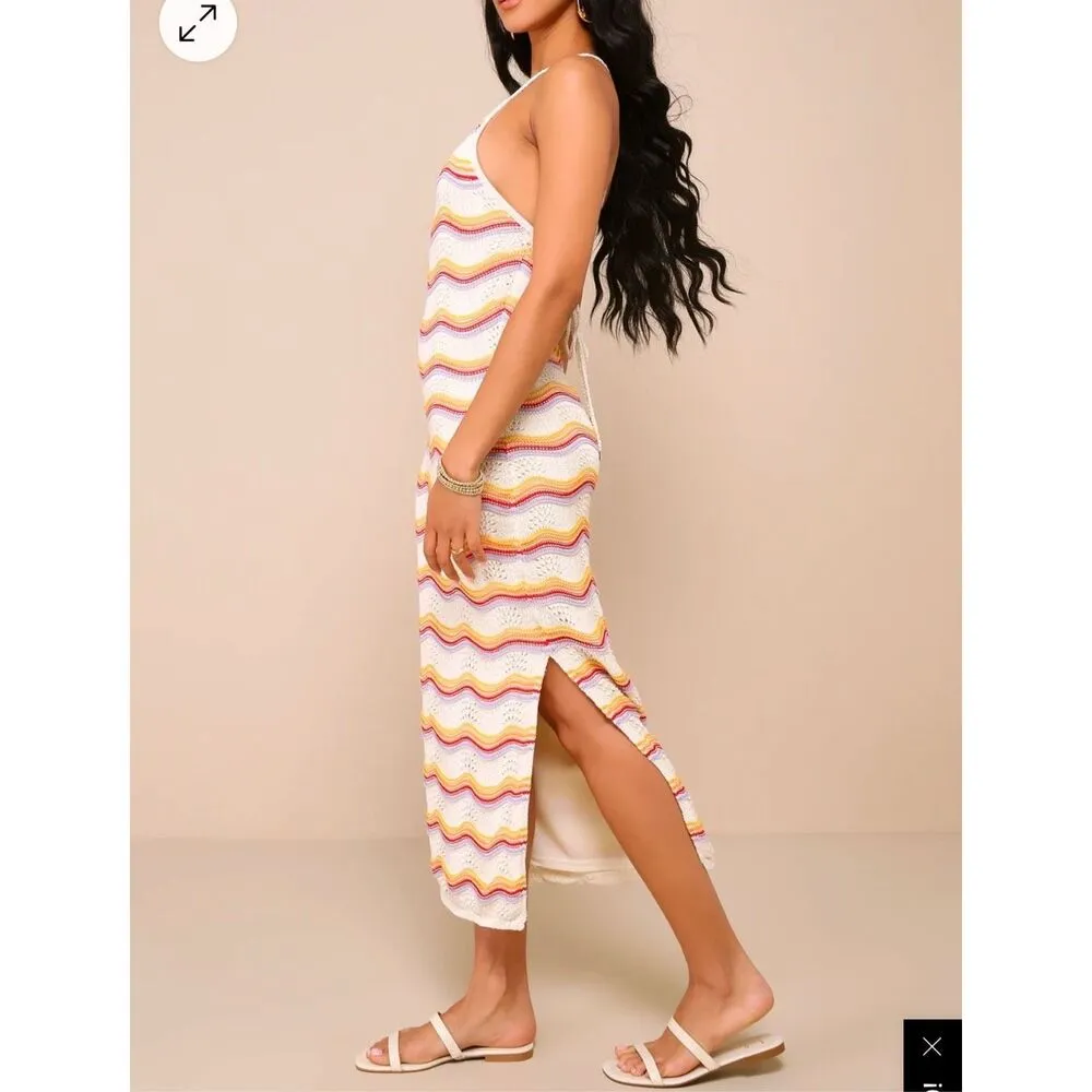 Lulus Natural Bliss NWT Ivory Striped Crochet Lace Up Halter Midi Dress Medium - Image 3