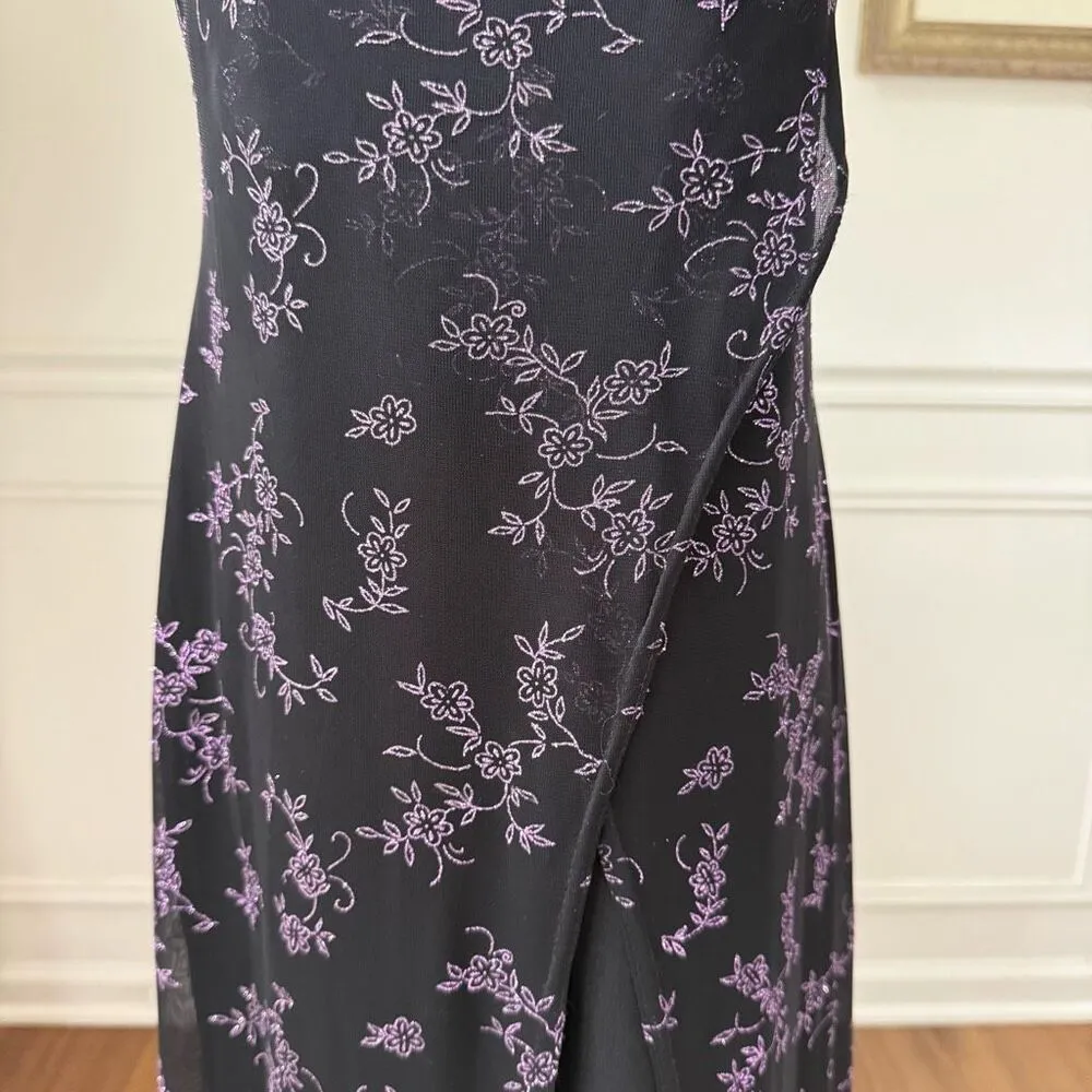 Vintage 90s Next Up Black Purple Glitter Flower Hi Lo Dress S - Image 4