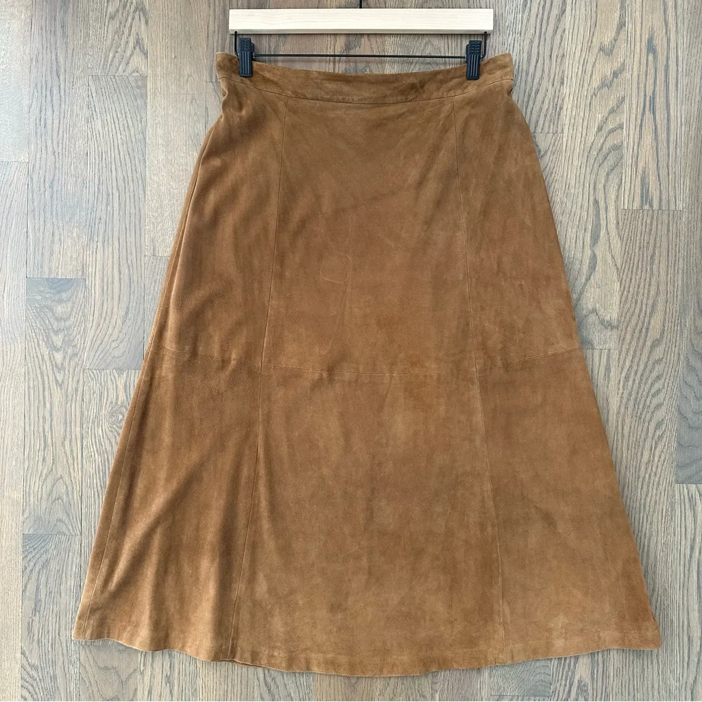 Max Mara Genuine Suede Leather A-Line Midi Skirt in Brown Size 14 US 48 IT - Image 5