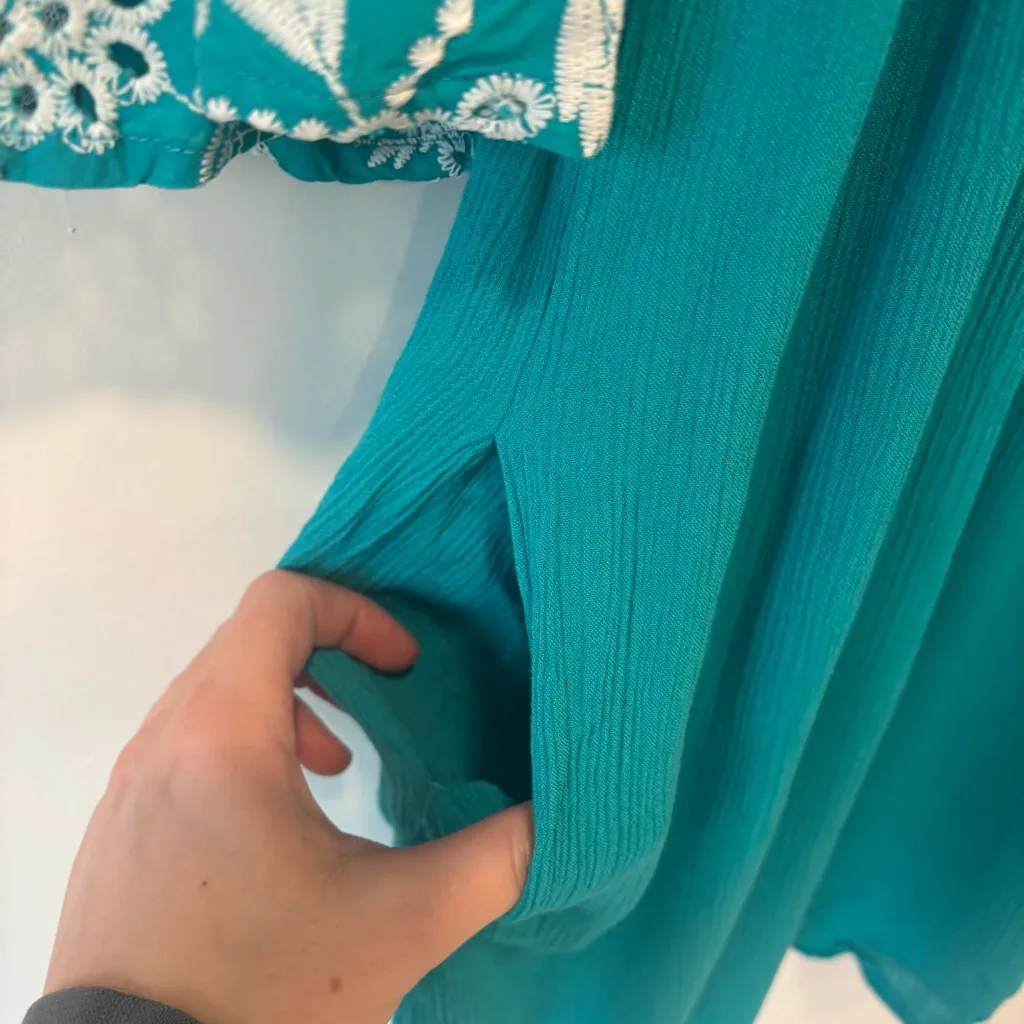 Cato Teal Off The Shoulder Mini Dress White Embroidered Eyelet Bell Sleeve Boho - Image 6