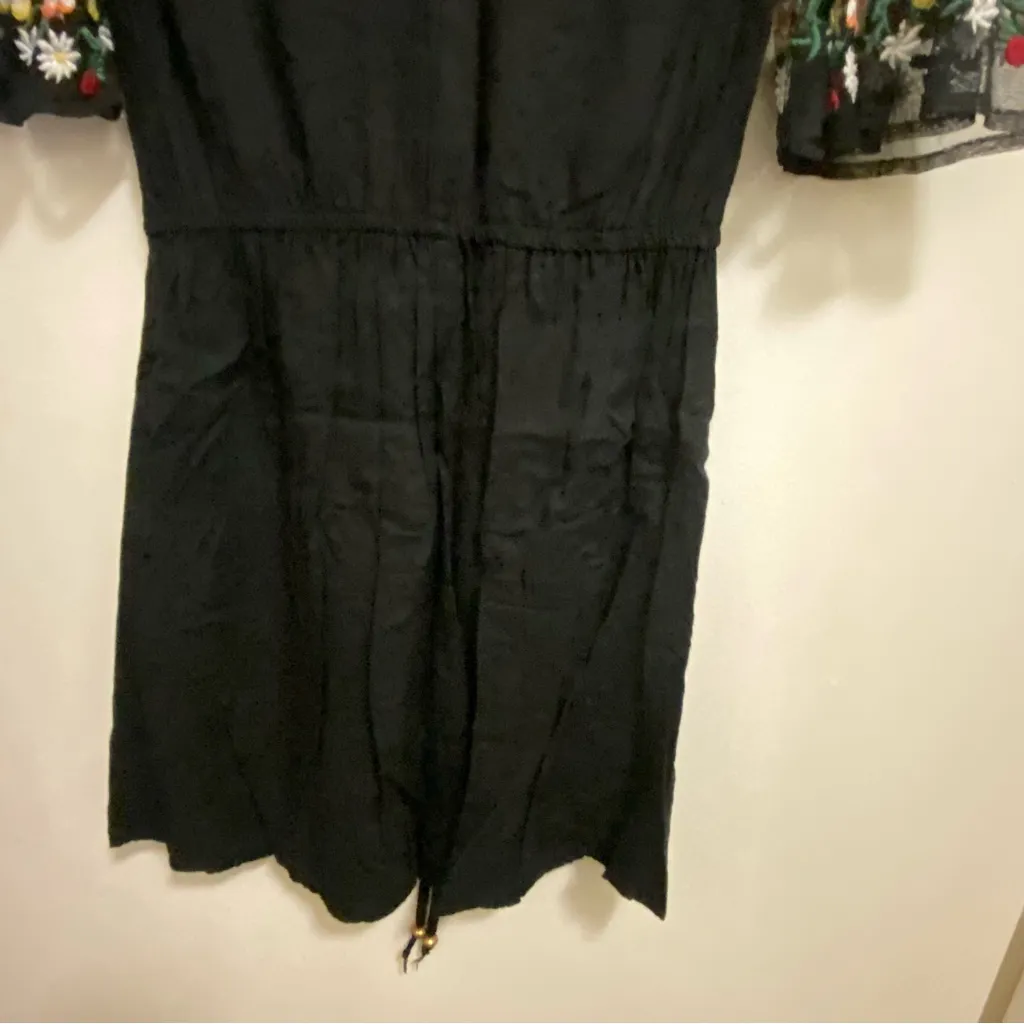 True Destiny Womens Black Mini Dress M 36” Embroidered Floral Flowers Embroidery - Image 11