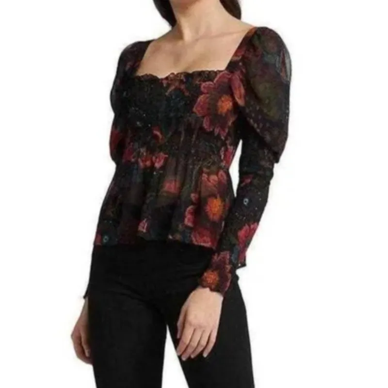 FARM Rio NWT Black River Creatures Smocked Floral Chiffon Sheer Blouse XS - Image 8