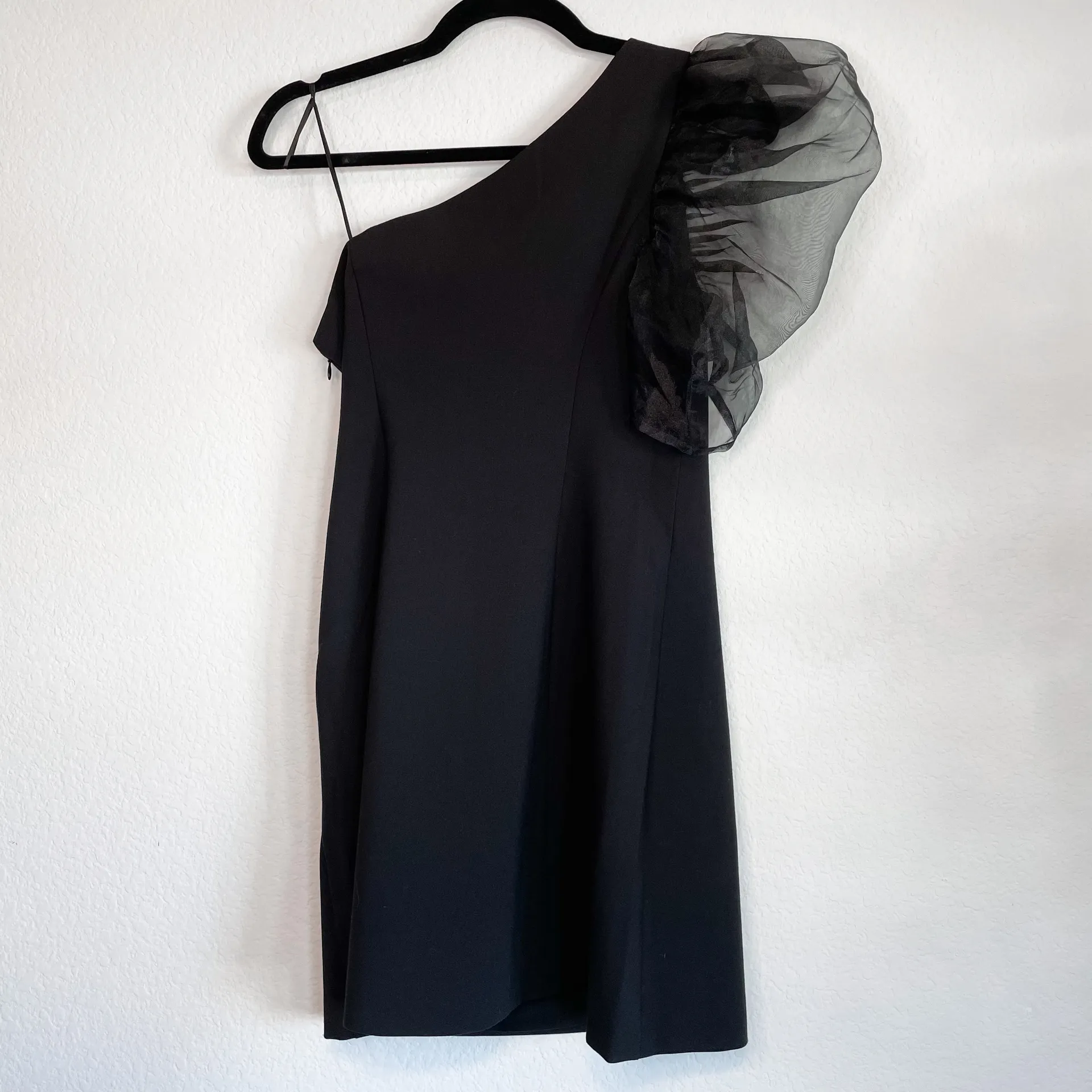 Cinq a Sept One Shoulder Tulle Puff Sleeve Black Dress - Image 7