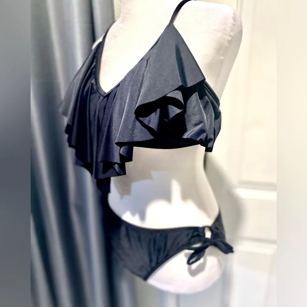 NWT Tempt Me 2 - Piece Black Bikini Side Tie Bottoms Ruffled Top Cross Back Lrg - Image 7