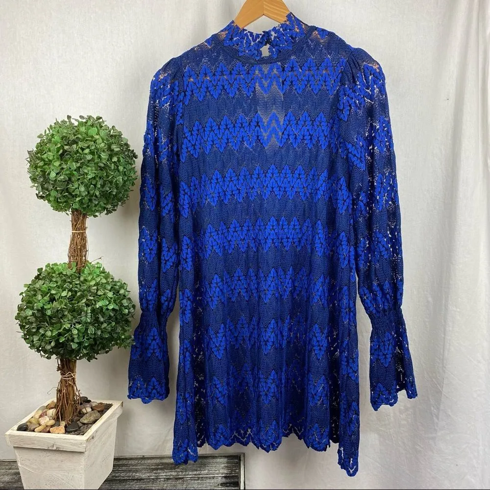Free People Blue Lace Simone Long Sleeve Mini Dress XS - Image 3
