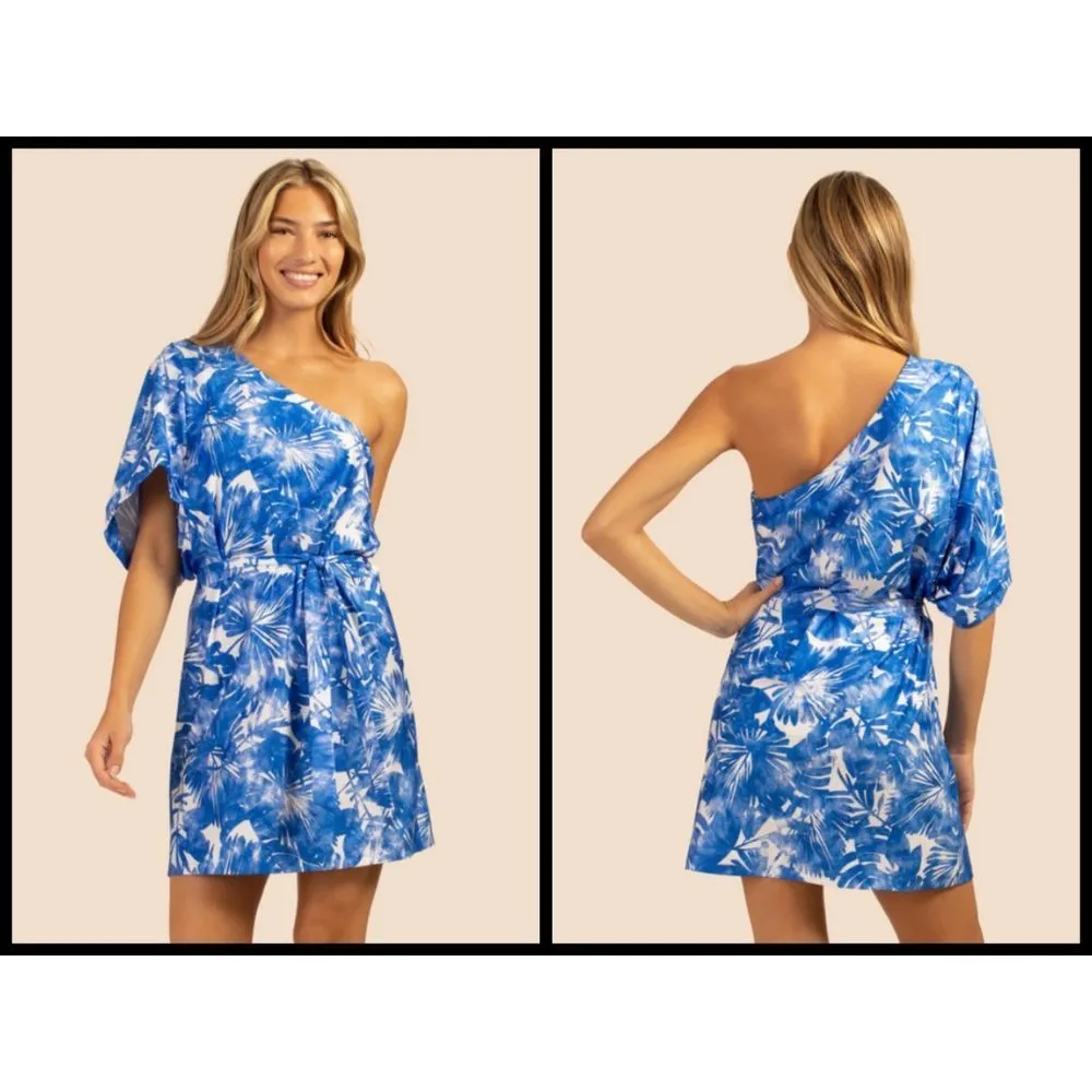 💕TRINA TURK💕 Basque Dress One Shoulder Swim Cover Up Sapphire Blue Print S NWT - Image 3