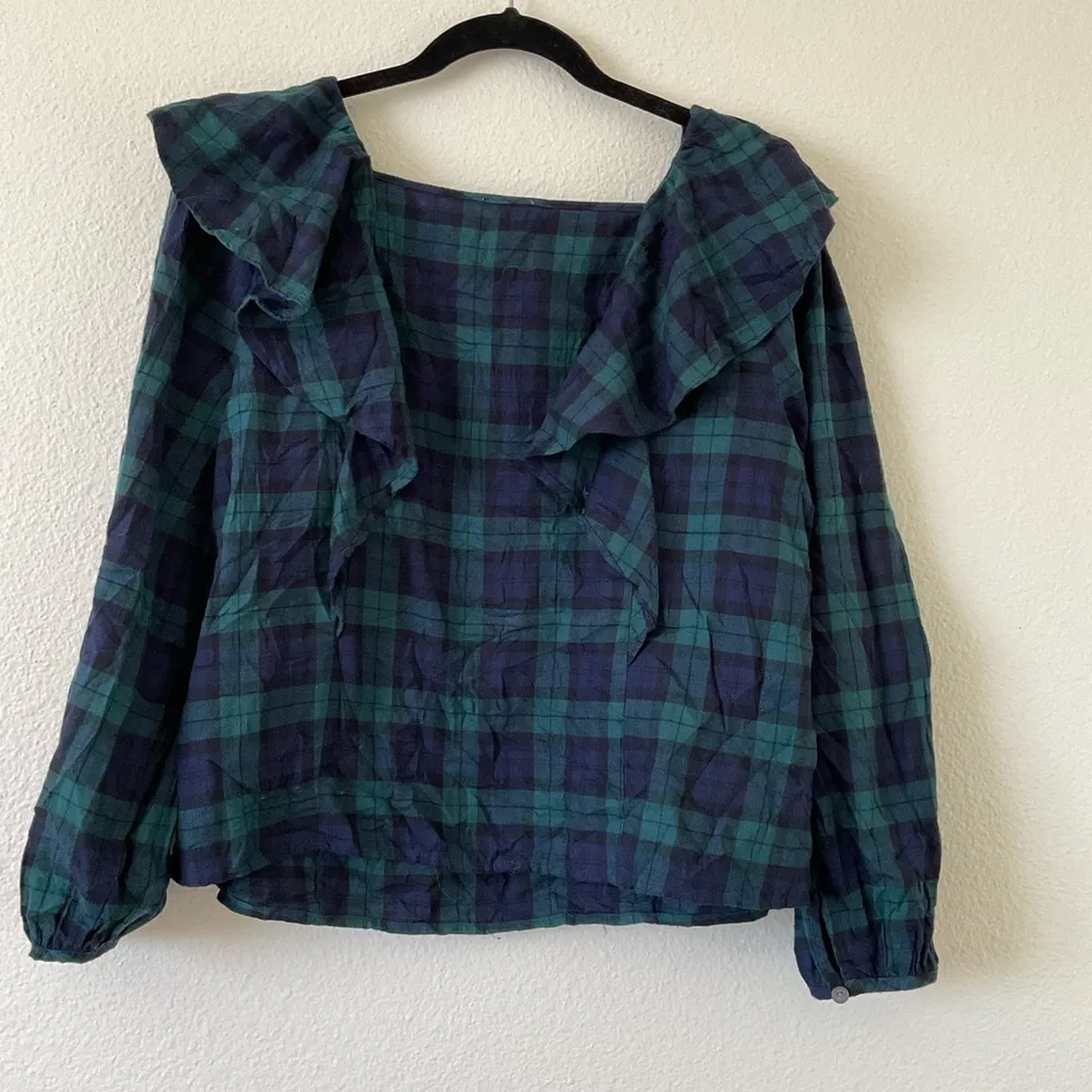 J Crew Flannel Squareneck Ruffle Top in Blackwatch Green Navy Black Plaid - Image 7