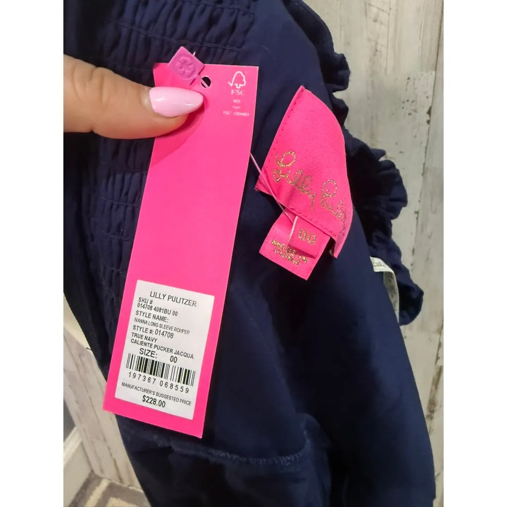NWT Lilly Pulitzer Women's Ivanna Long-Sleeve‎ Navy Blue Romper Size 00 - Image 7