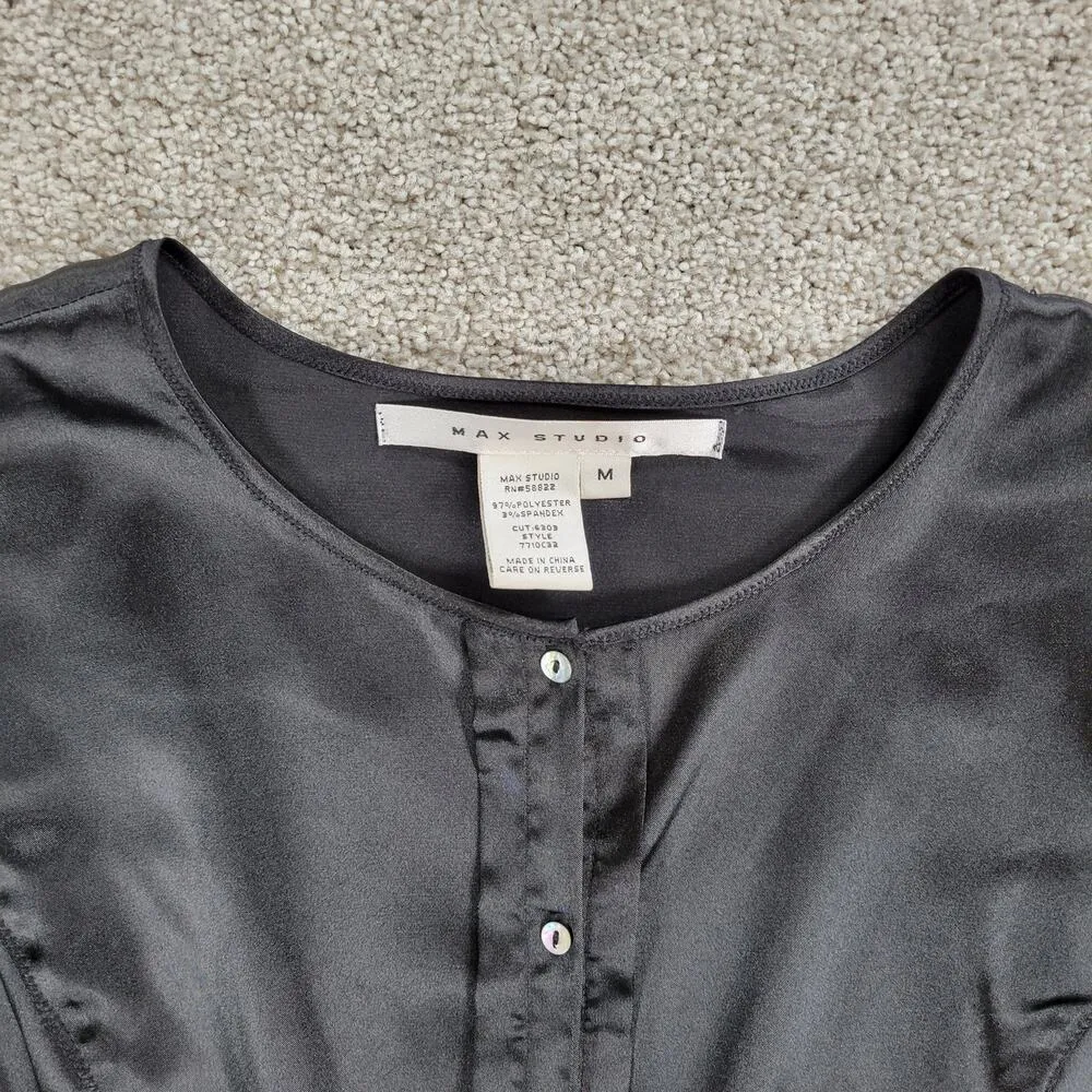 Vintage Max Studio Satin Top Womens M Black Puff Sleeve Button Up Whimsigoth - Image 11