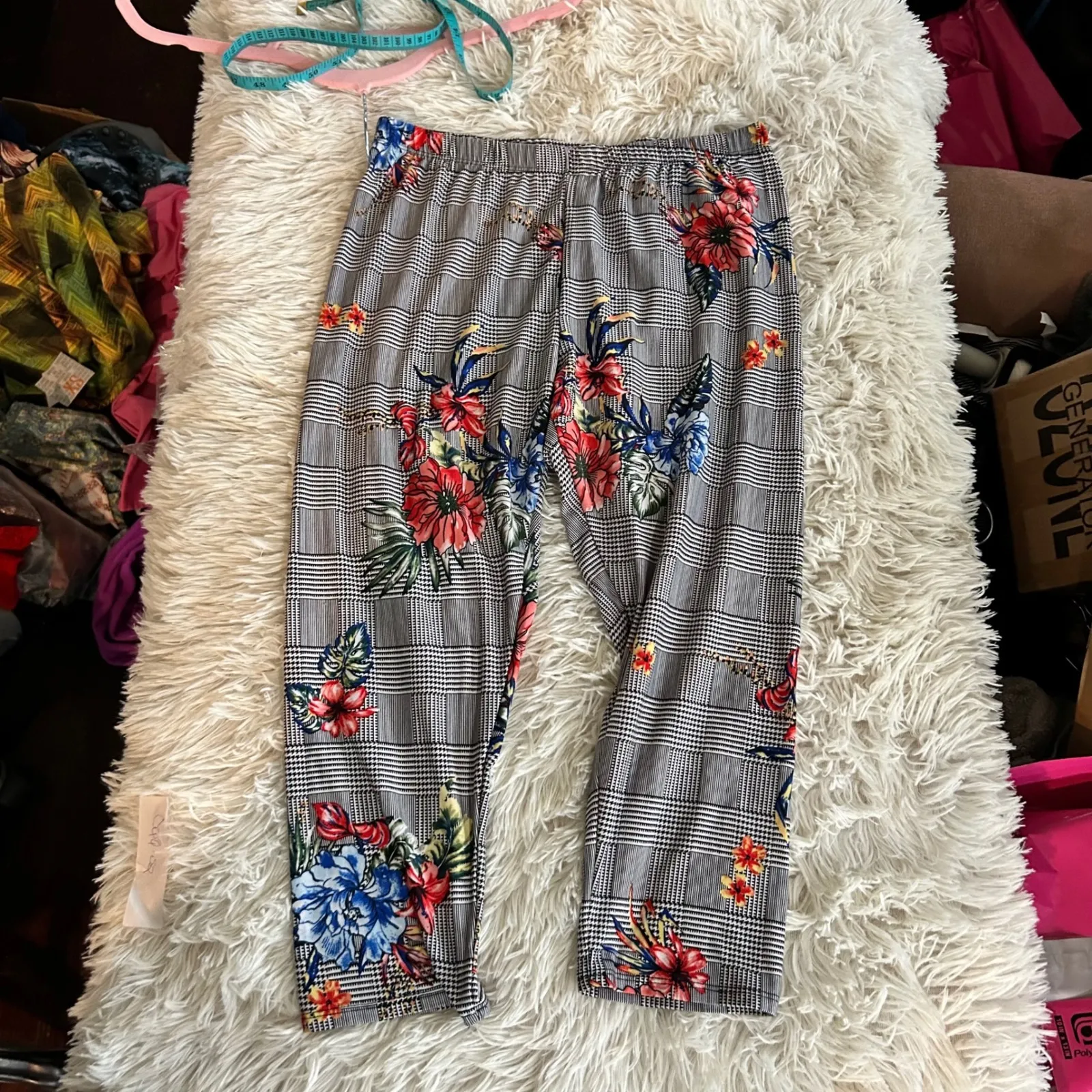 Floral Print Pants Women's Plaid‎ Casual Comfy Elastic Waist Stretch Leggings Gray Size M - Image 4