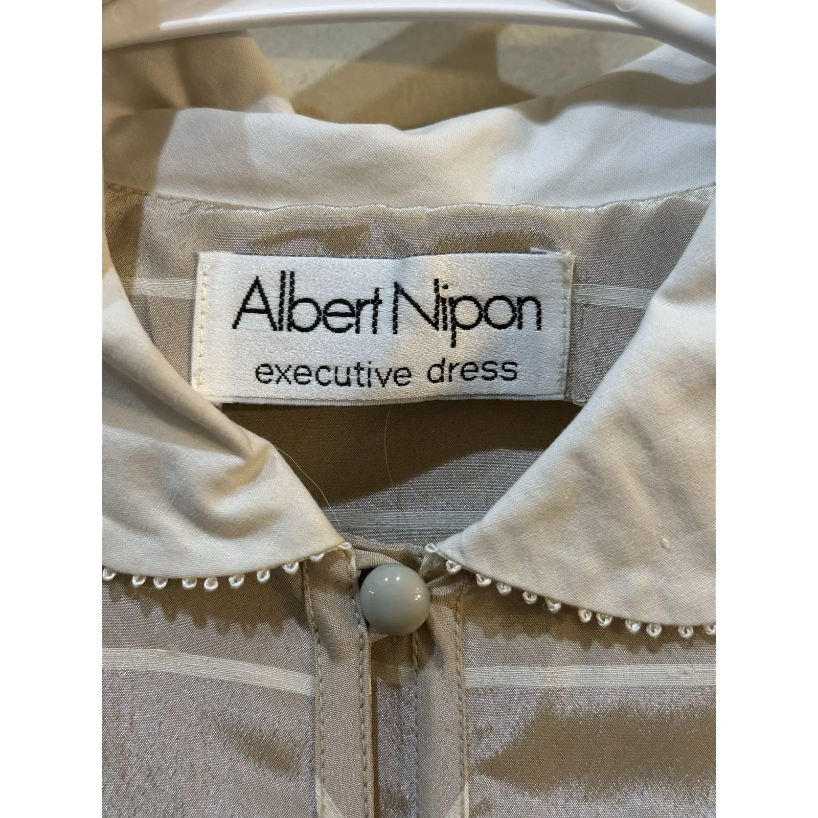 VTG Albert Nipon Dress Womens Drop Waist Beige Puff Sleeves Satin Striped Size 8 Tan - Image 4