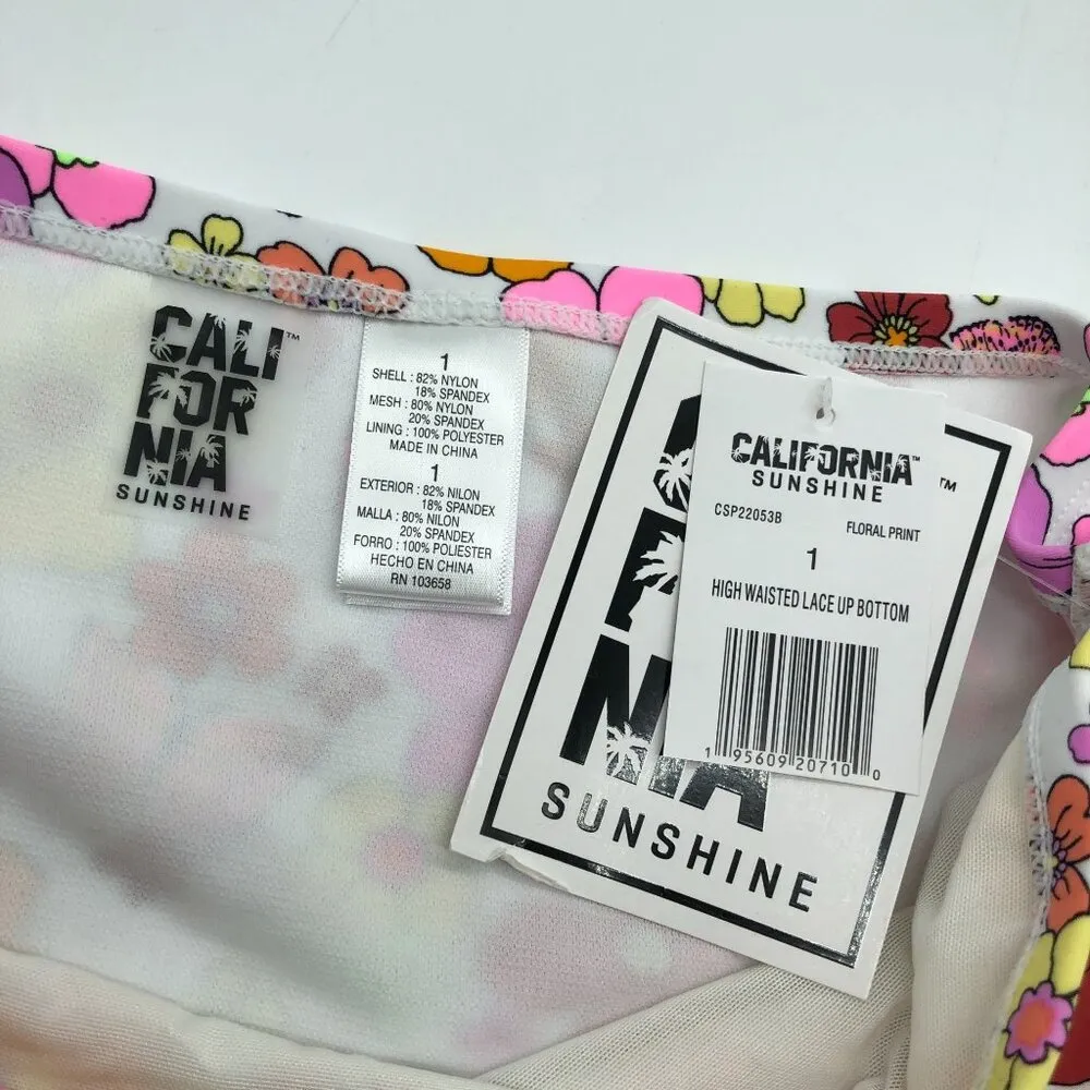 California Sunshine High Waisted Floral Bikini Bottom Lace-Up Sides White 1X - Image 6