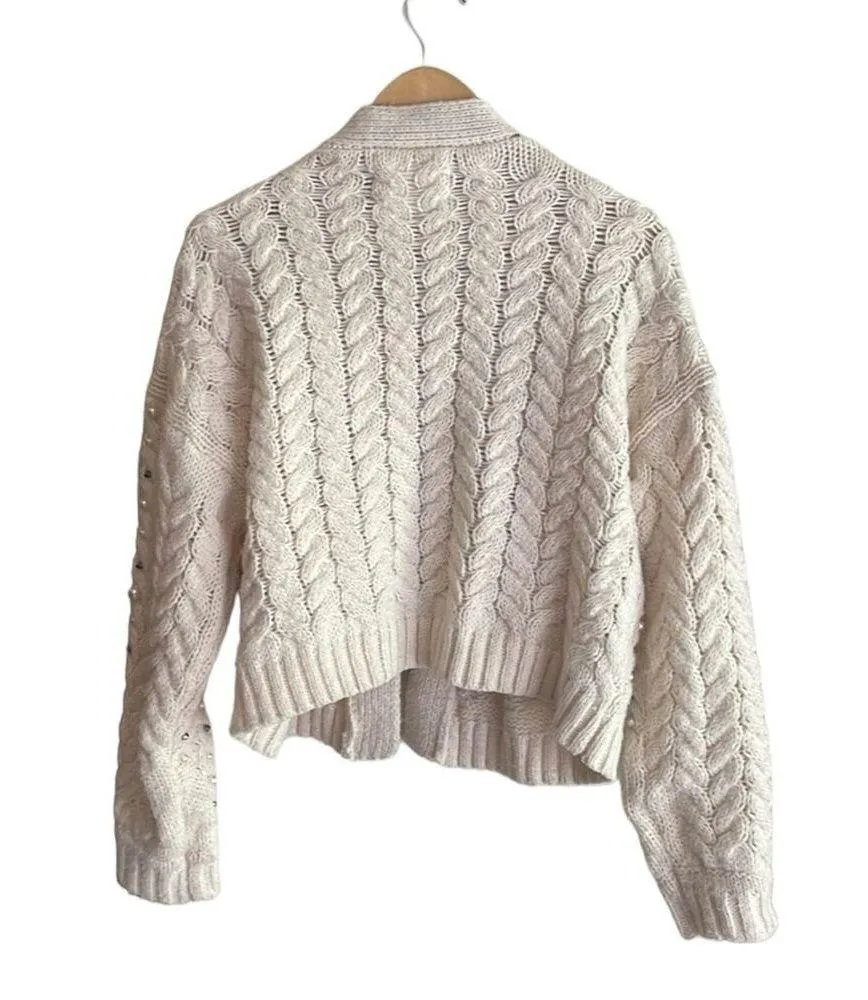 Anthropologie Embellished Pearl Open Cream Cardigan - Image 3