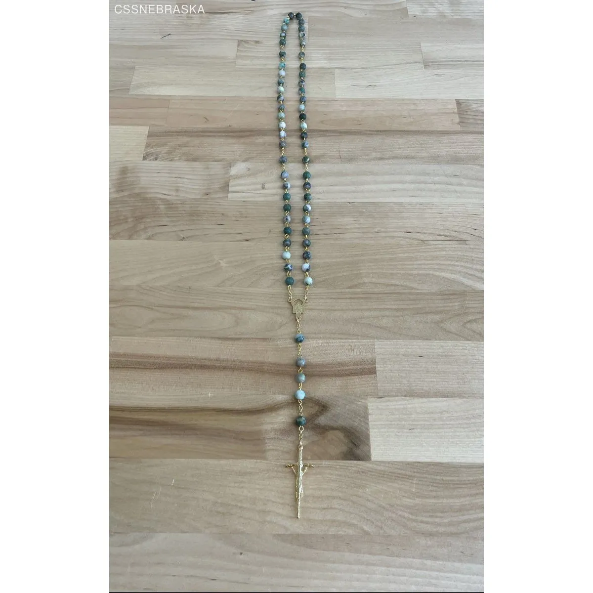 Handcrafted 20" Rosary 6mm Bead of Ching Hai Jade Gold Crucifix, Center, Chain - Image 6