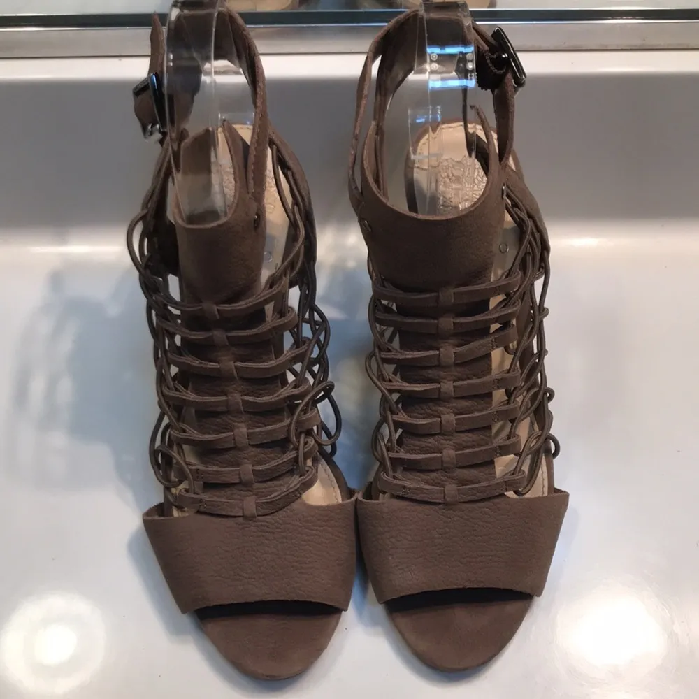 Vince Camuto Women’s Faux Leather Woven Stretch Brown Ankle Strap Cone Heels - Image 2