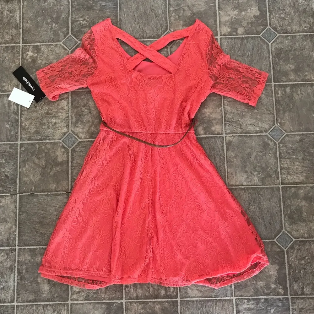 NWT pink lace casual half sleeve dress w/ belt - Image 2