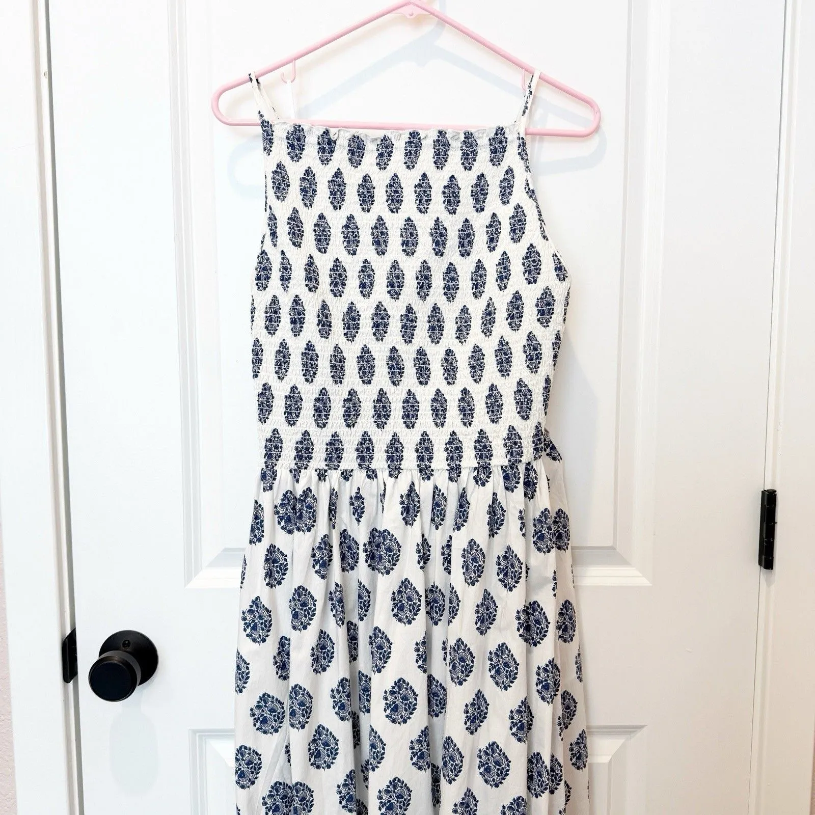 J Crew Womens Ikat Print Smocked Midi Dress Sz 3X Coastal Nautical Travel Flowy Blue - Image 2
