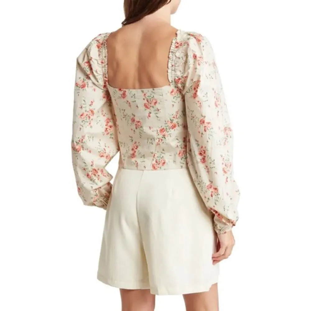 We Wore What Floral Ruched Long Sleeve Crop Top Square Neck Size L NWT - Image 2