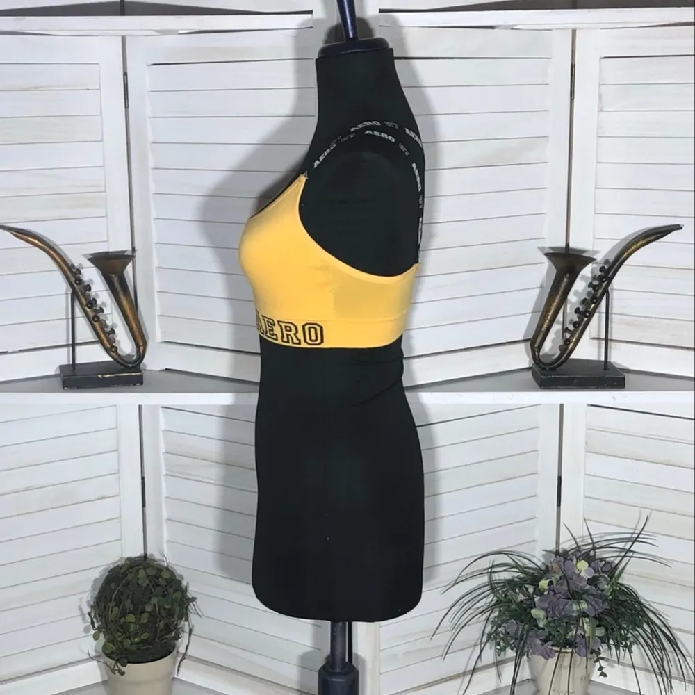 Aero Sports Bra Yellow and Black Criss Cross Back Small - Image 4