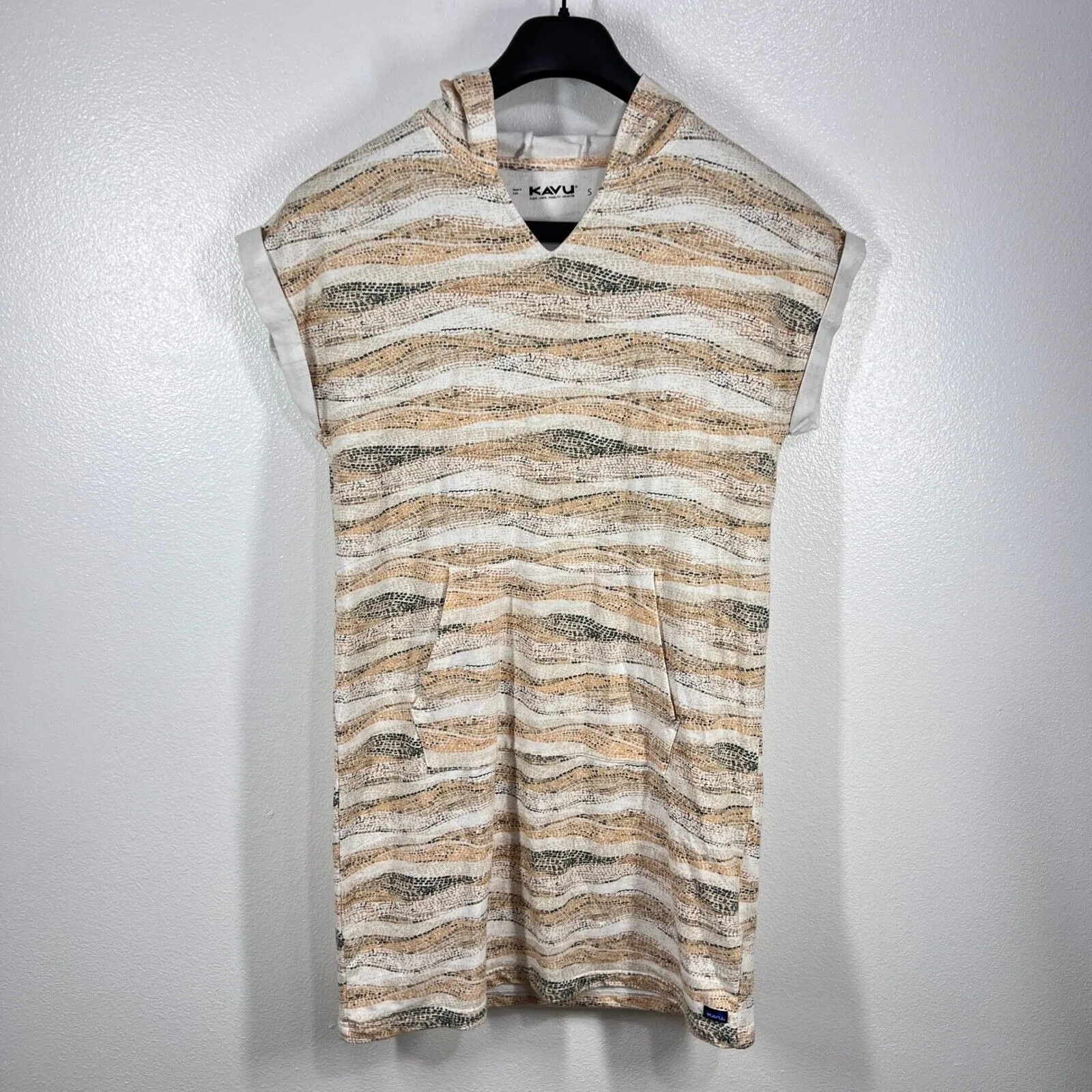 KAVU Hooded Dress Cap Sleeves Beach Cover Up Casual‎ Comfy Small Beige/White - Image 2