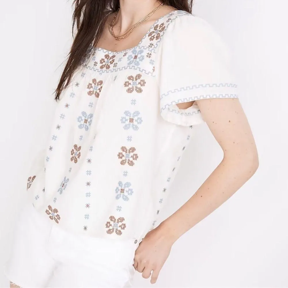 Madewell Cross Stitch Top Shirt NF217 white blue brown - Image 2