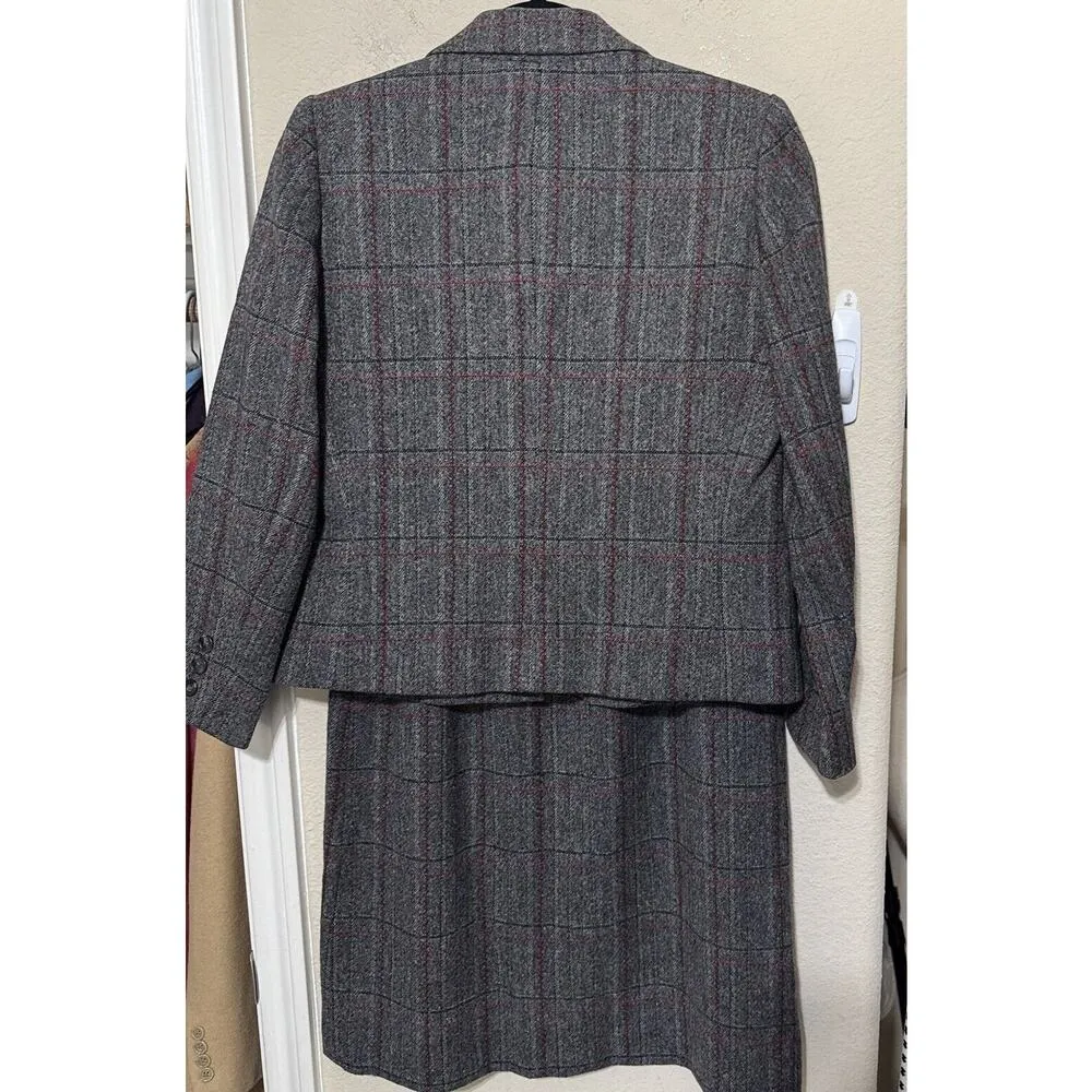 VINTAGE Wool Suit Gray Plaid Adolfo Esprit Jacket skirt career 80s womens Small - Image 6