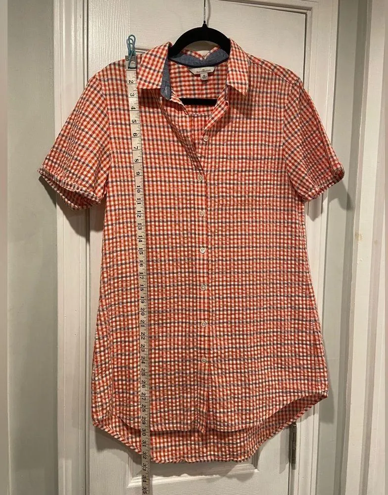 L.L. Bean Size M Red Orange Blue Short Sleeve Seersucker Button Down Mini Dress Size M - Image 7