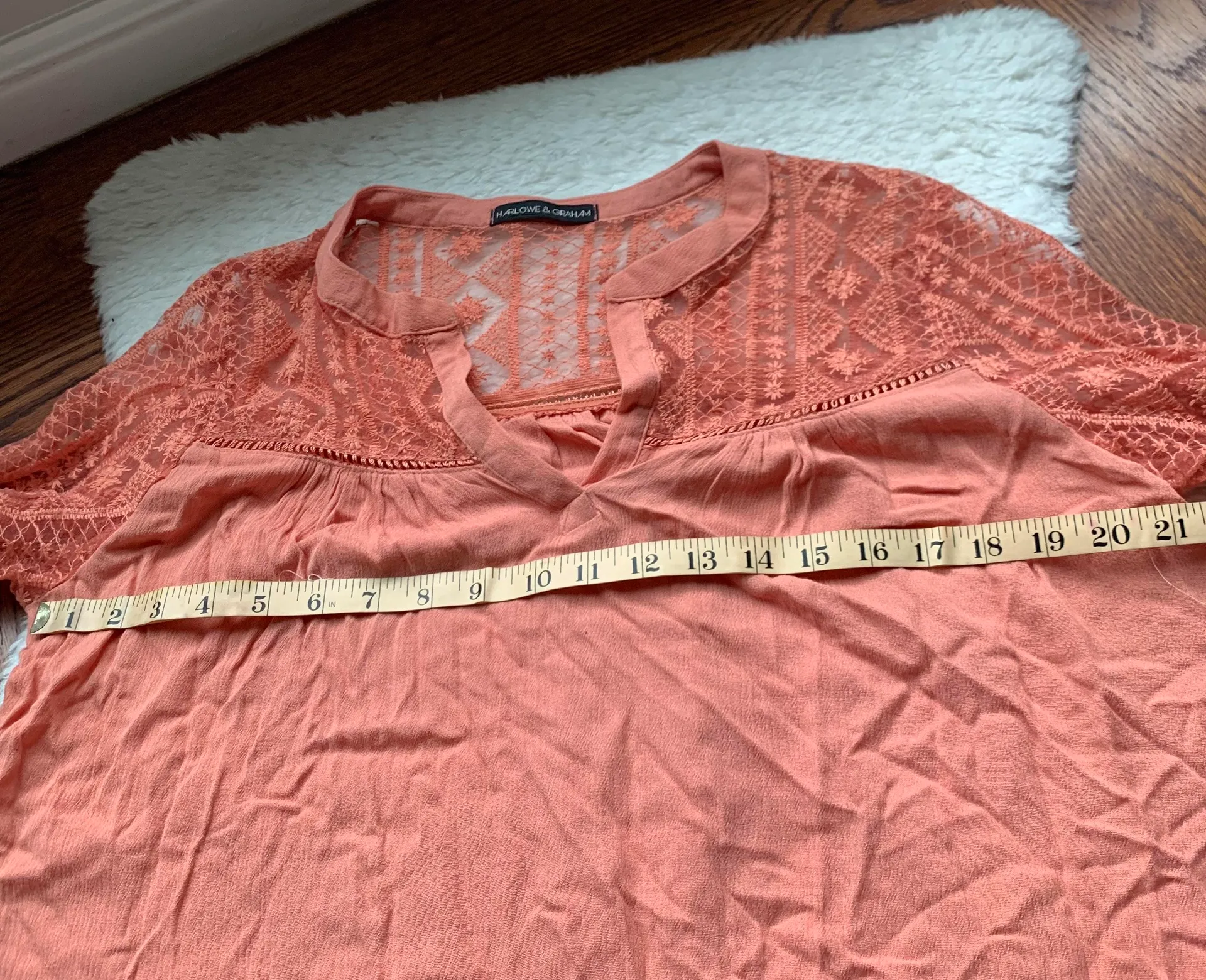 Peach Orange Long Sleeve Lace Inset V Neck Blouse - Image 4