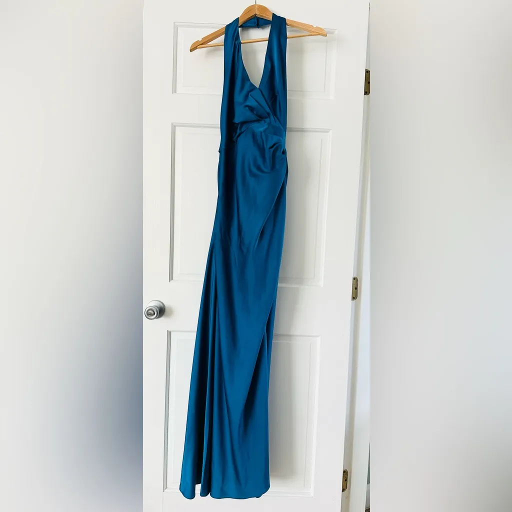 ASOS Design Blue Teal Satin Halter Neck Maxi Dress Gown Slit Ruching Size 4 - Image 5