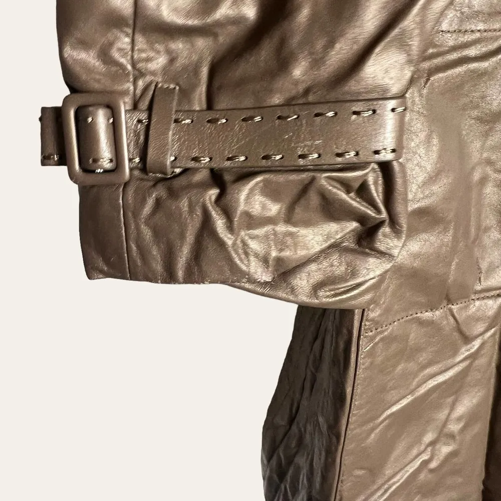 Vintage Bronze Brown Sheepskin Leather Fur Collar Belted Coat Size M Size M - Image 6