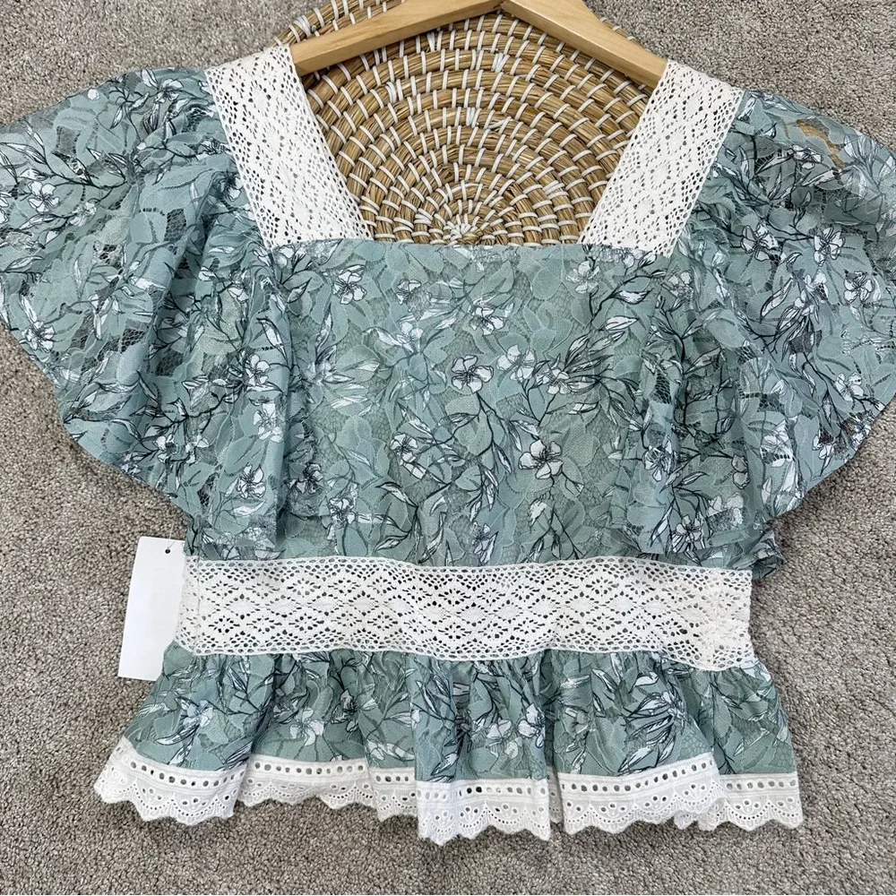 NWT En Saison Women’s Caudry Lace Top Blouse Shortsleeve Cottagecore in Teal S Green - Image 7