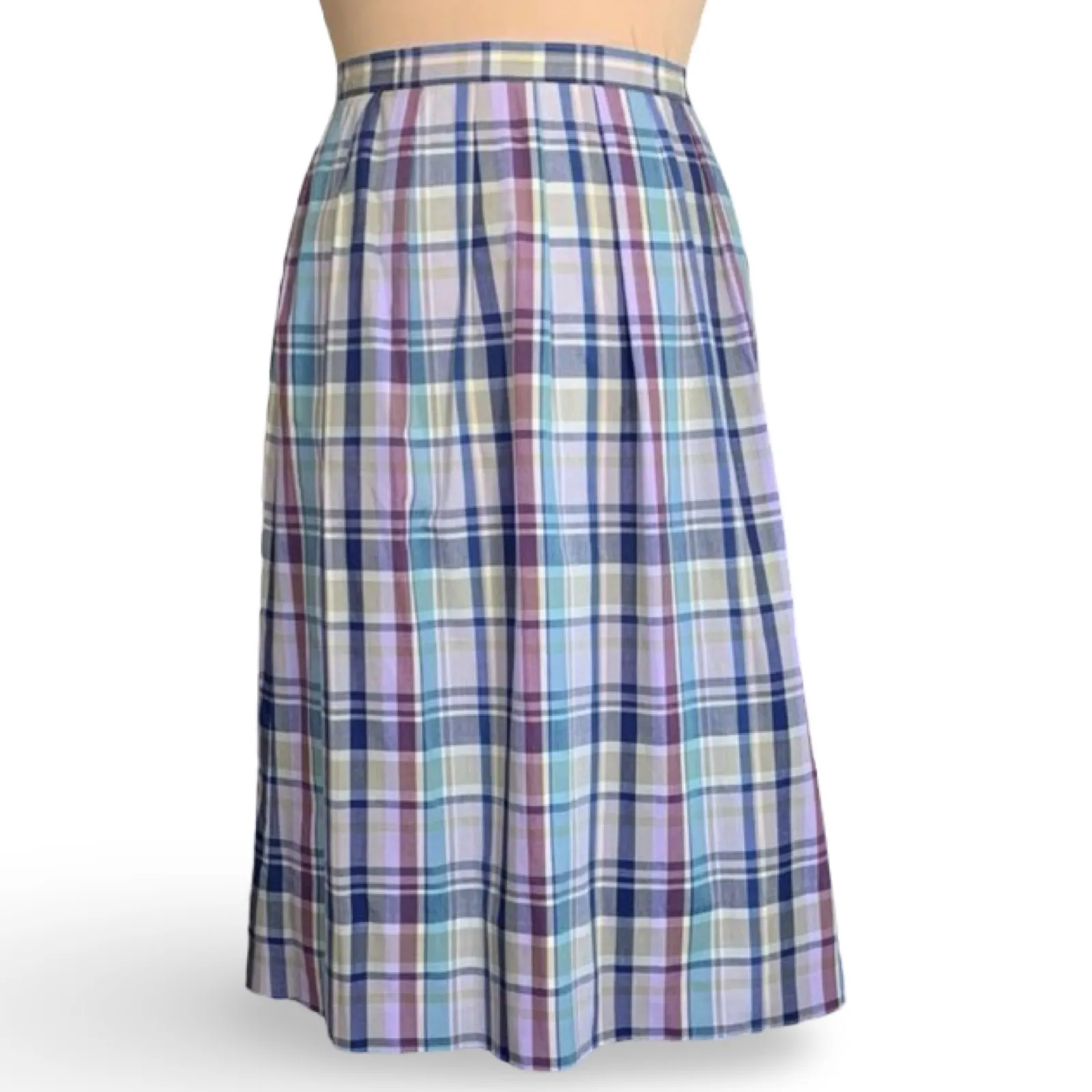 Vintage 80s Country Sophisticates Pendleton Pastel Plaid A Line Pleated Skirt 10 Blue - Image 8
