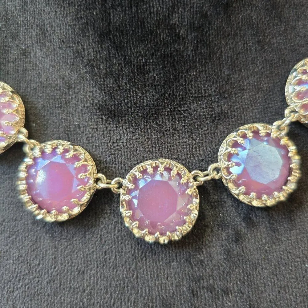 Women Pink Shiny Crystal Statement Silver Tone Chain Necklace with Lobster Clasp - Image 3