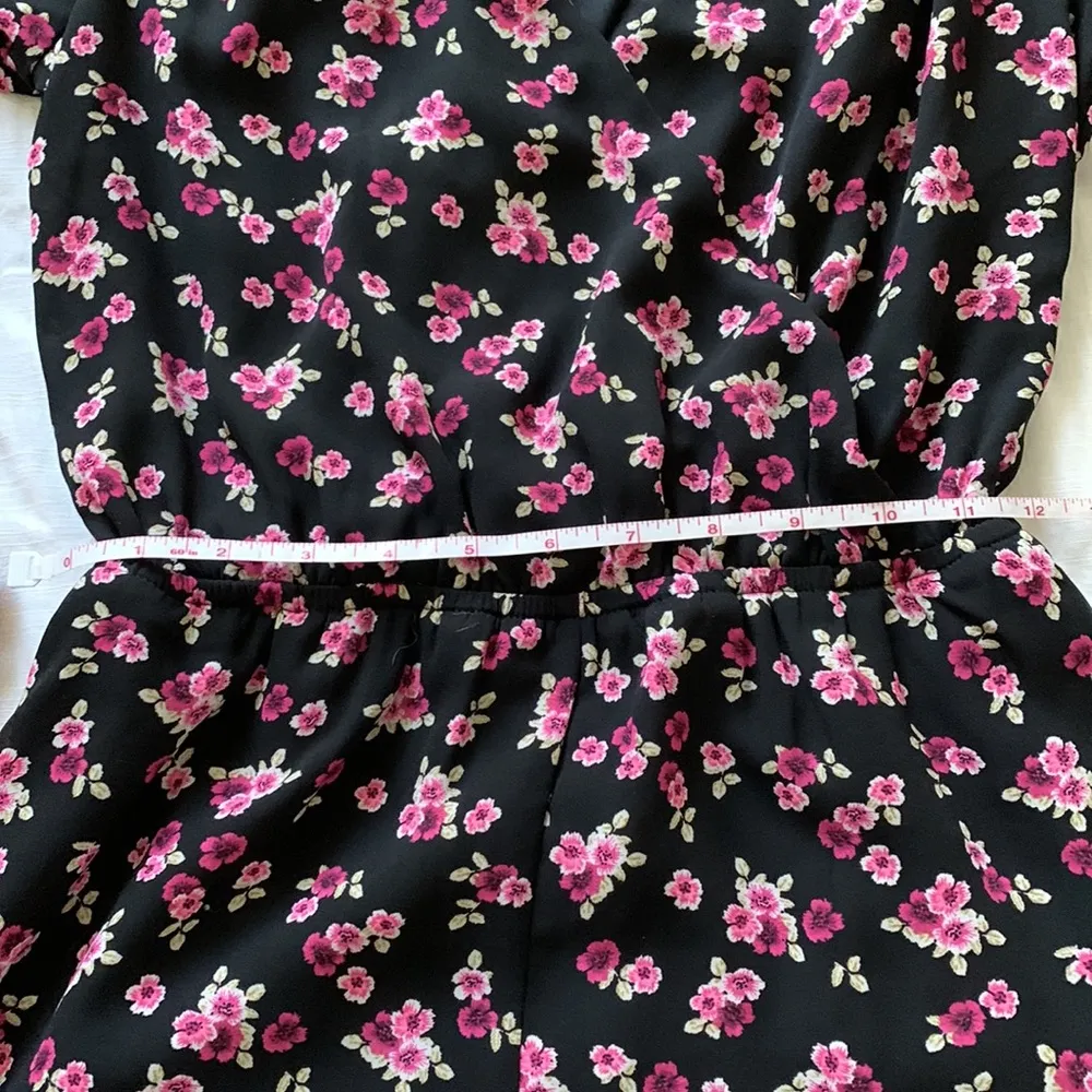 Black Floral Romper V-Neck Surplice ruffle hem, long sleeve size XS - Image 3