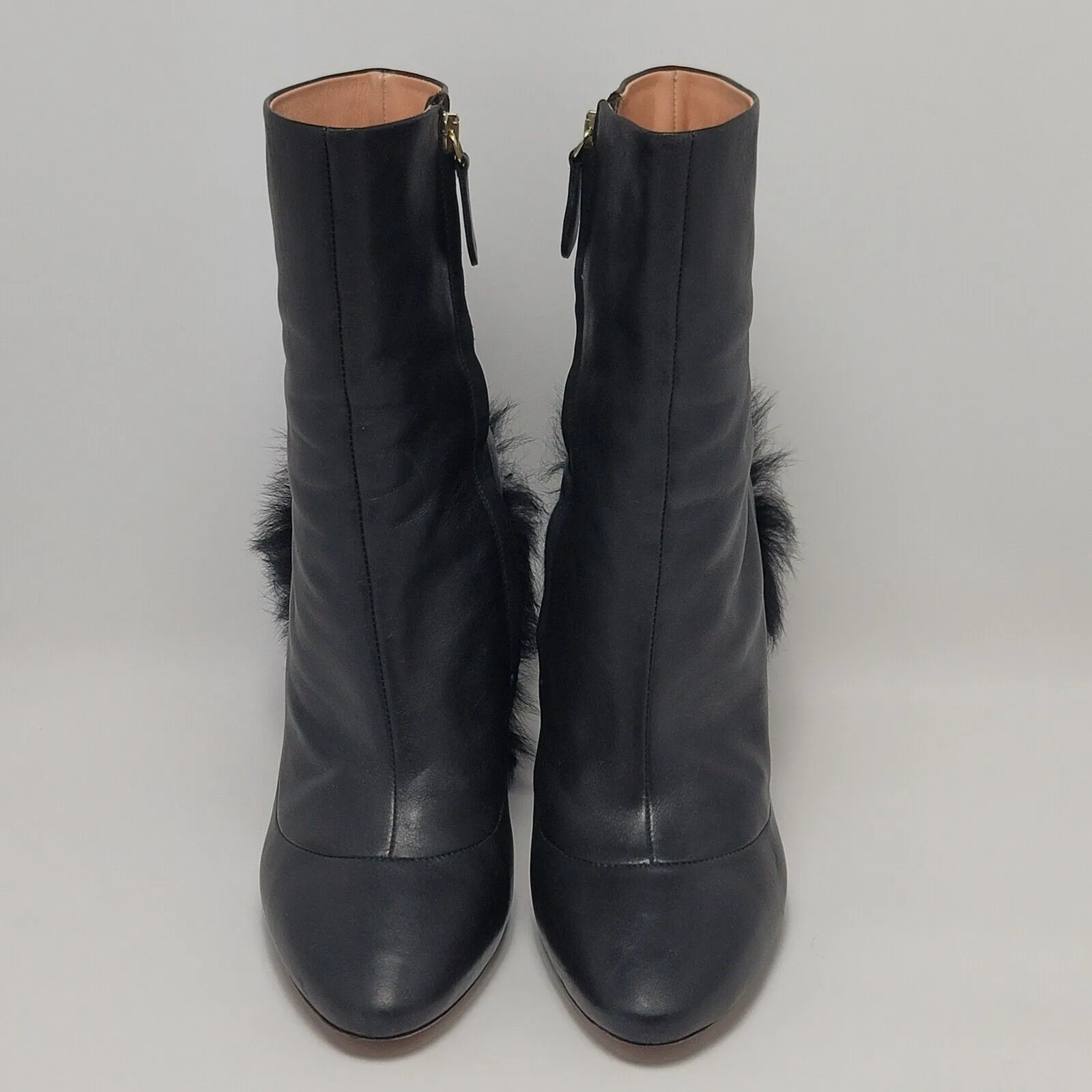 Rochas Ankle Bootie Black Leather Side Zipper Fur Heeled Almond Boots Size 40 - Image 4