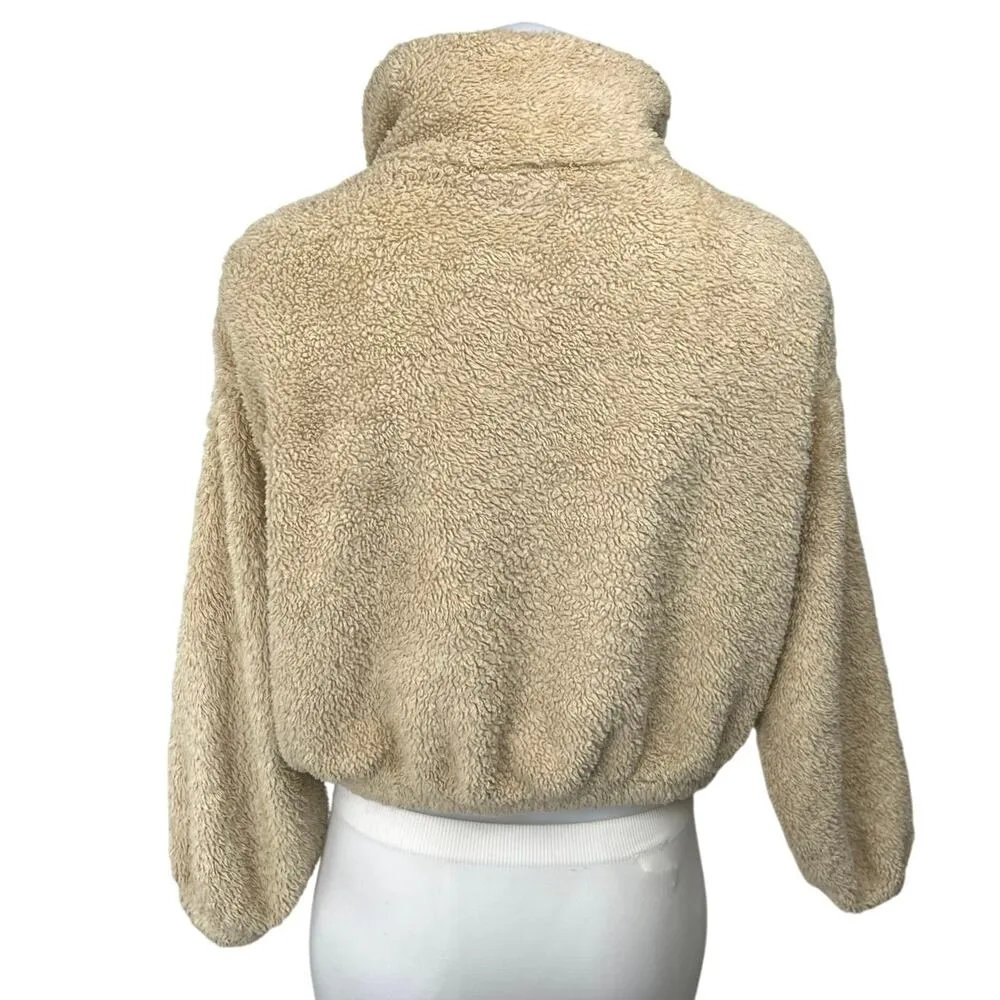 H&M Women's Beige Tan Half Zip Sherpa Fleece Pullover Crop Teddy Sweater Top XS - Image 2