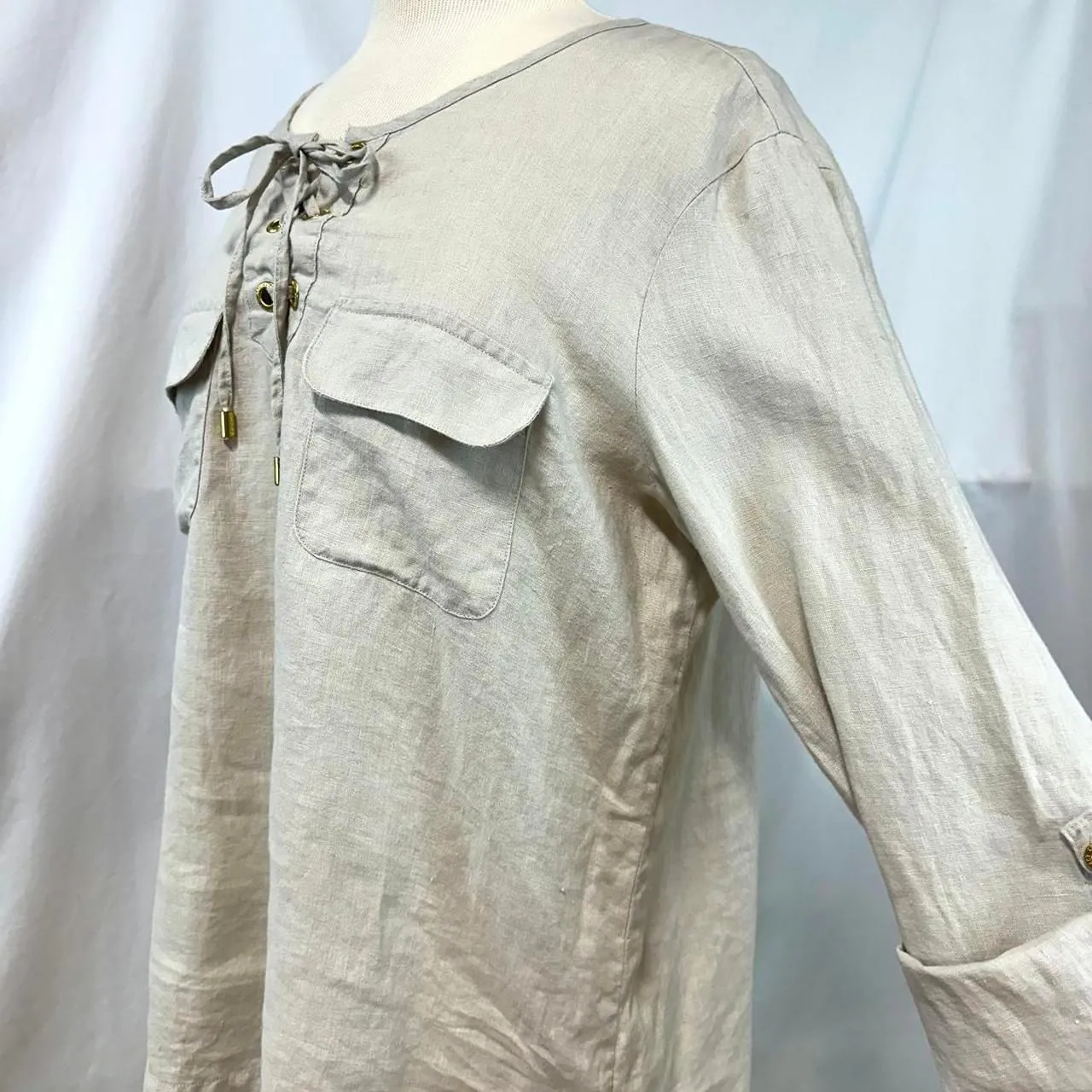 ELLEN TRACY Beige 100% Linen Lace Up Blouse Pockets Roll‎ Tab Sleeves Womens L - Image 4