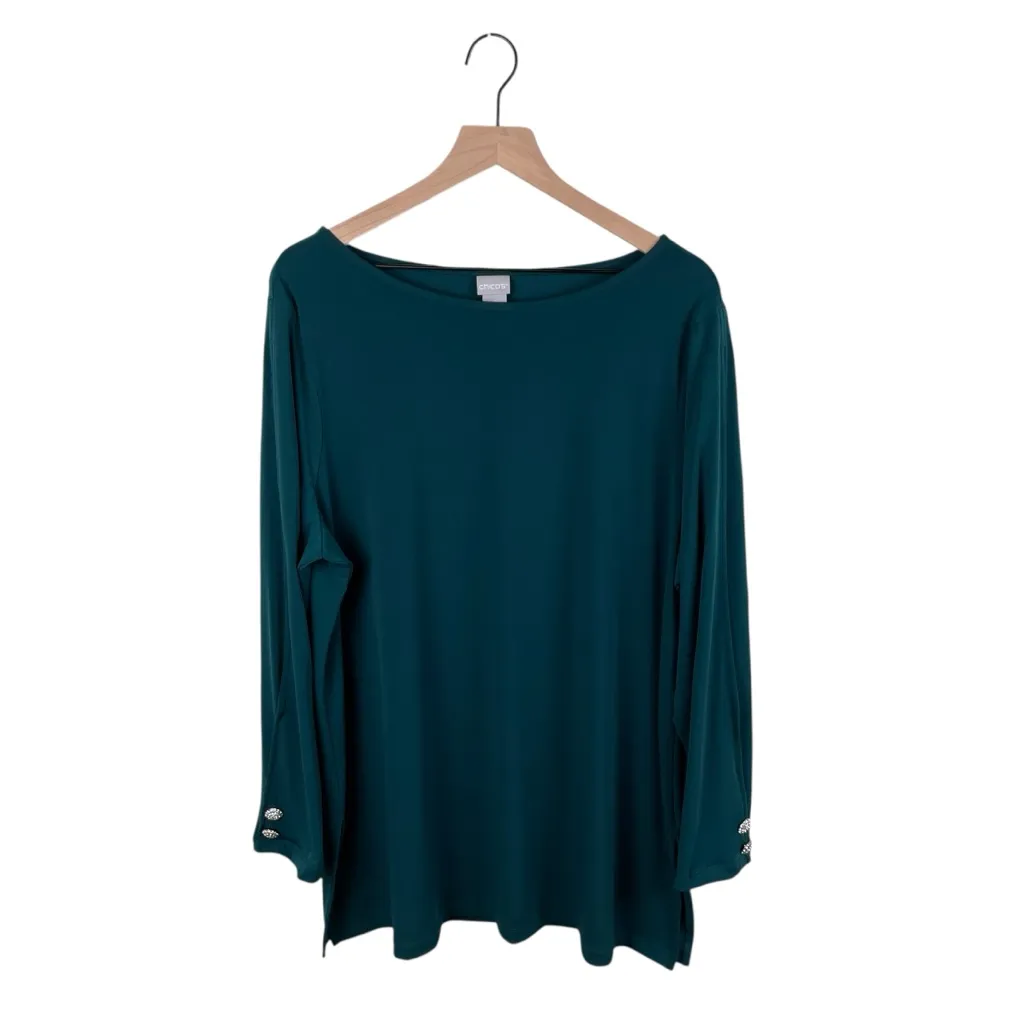 Chico's Green Rhinestone Open Slit Sleeve Stretchy Knit Top Size 3 / XL Cocktail - Image 2