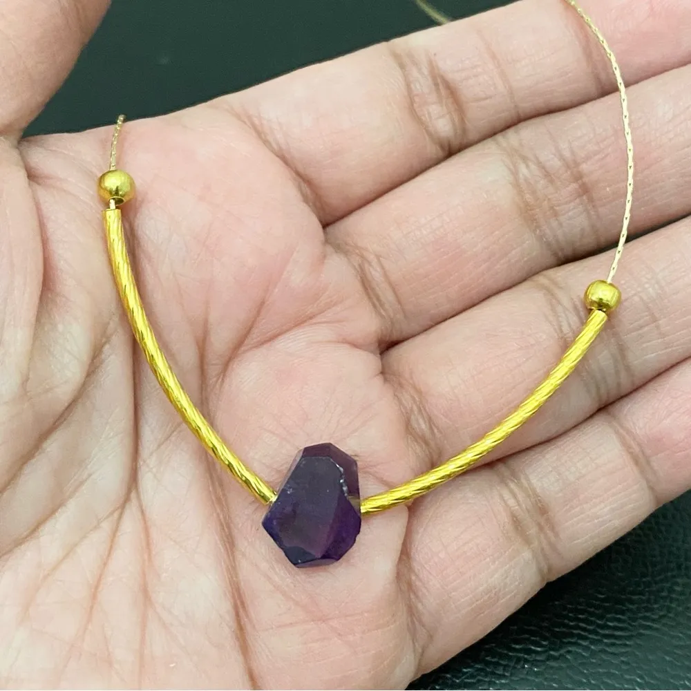 Natural Raw Amethyst Pendant Magnetic Clasp Gold-tone Skinny Chain Necklace - Image 5