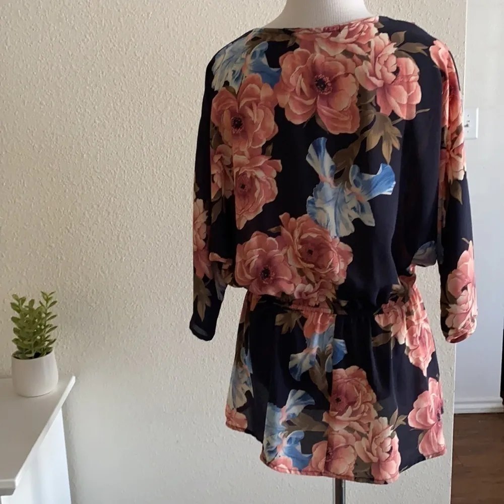 Lulu’s Faux Wrap Surplice Peplum Plunge Neck Blouse | Navy Floral - Image 4