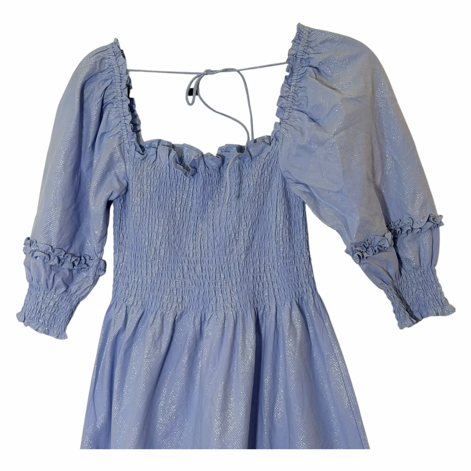 Hill House Home Nesli Nap Midi Dress in light blue metallic shimmer fabric - Image 4