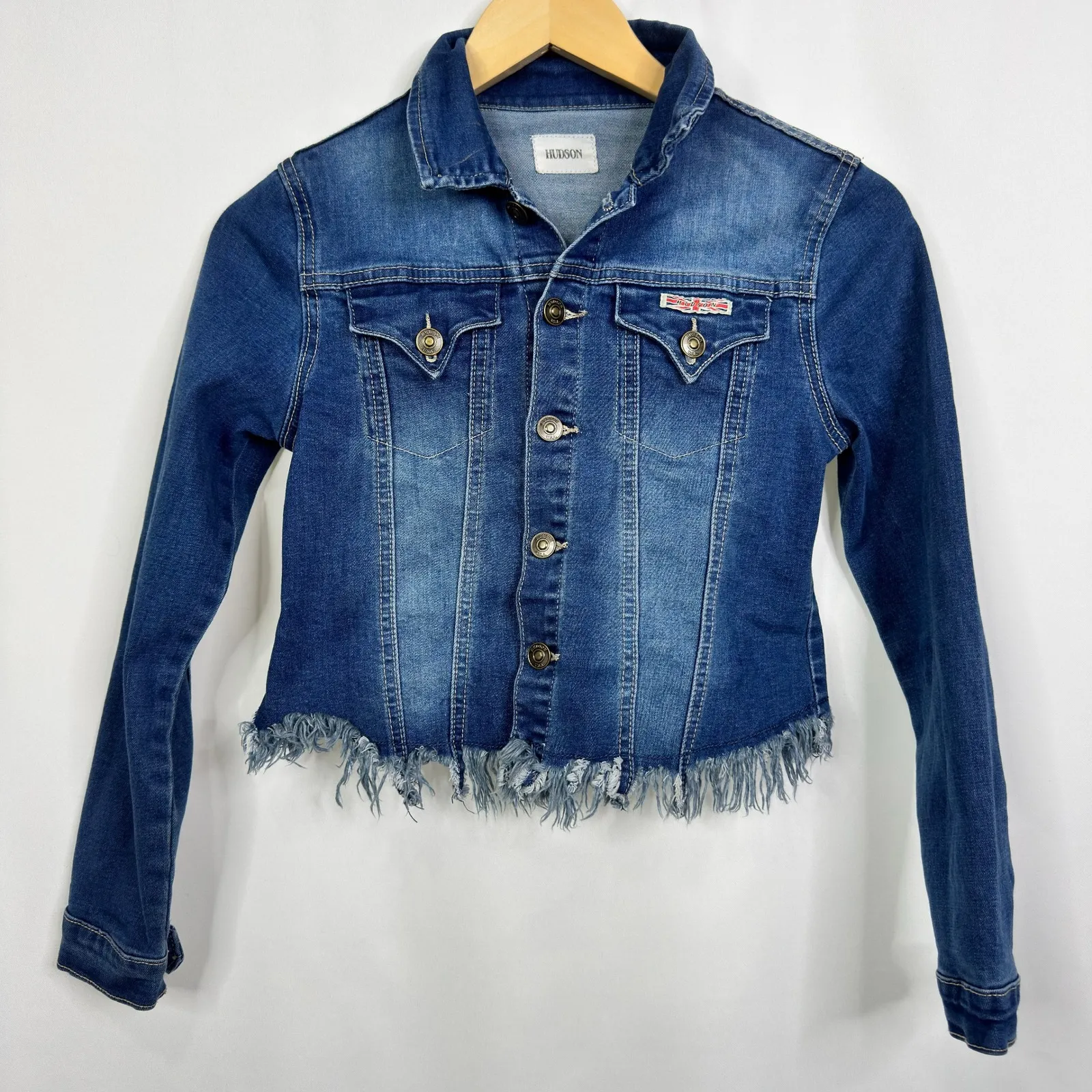 Hudson Denim Jacket Crop Frayed Hem Blue Size Medium - Image 3