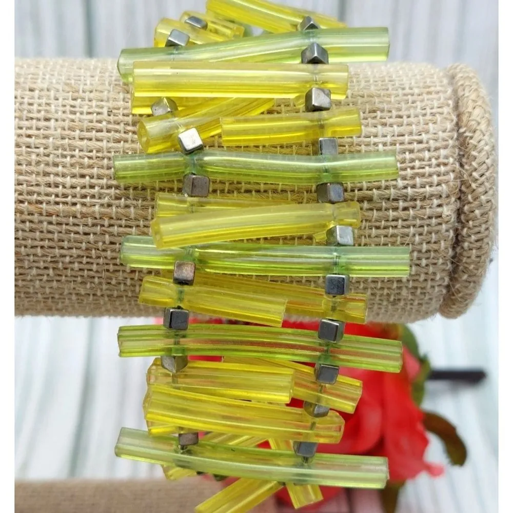 Coccinelle Silver Tone & Green Plastic Modern Art to Wear Bracelet 8" - Image 5