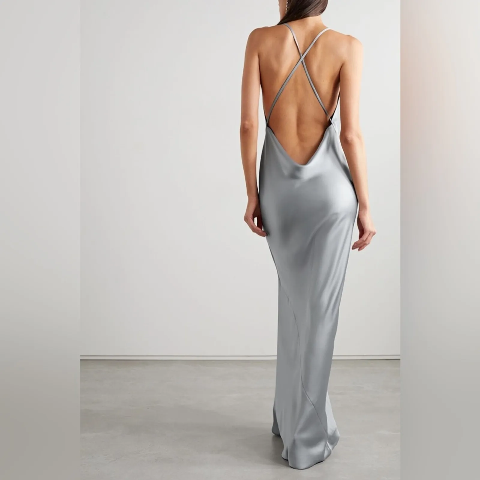 Norma Kamali Womens Silver Cowl Neck Sleeveless Low Back Cross Back Bias Gown L - Image 2