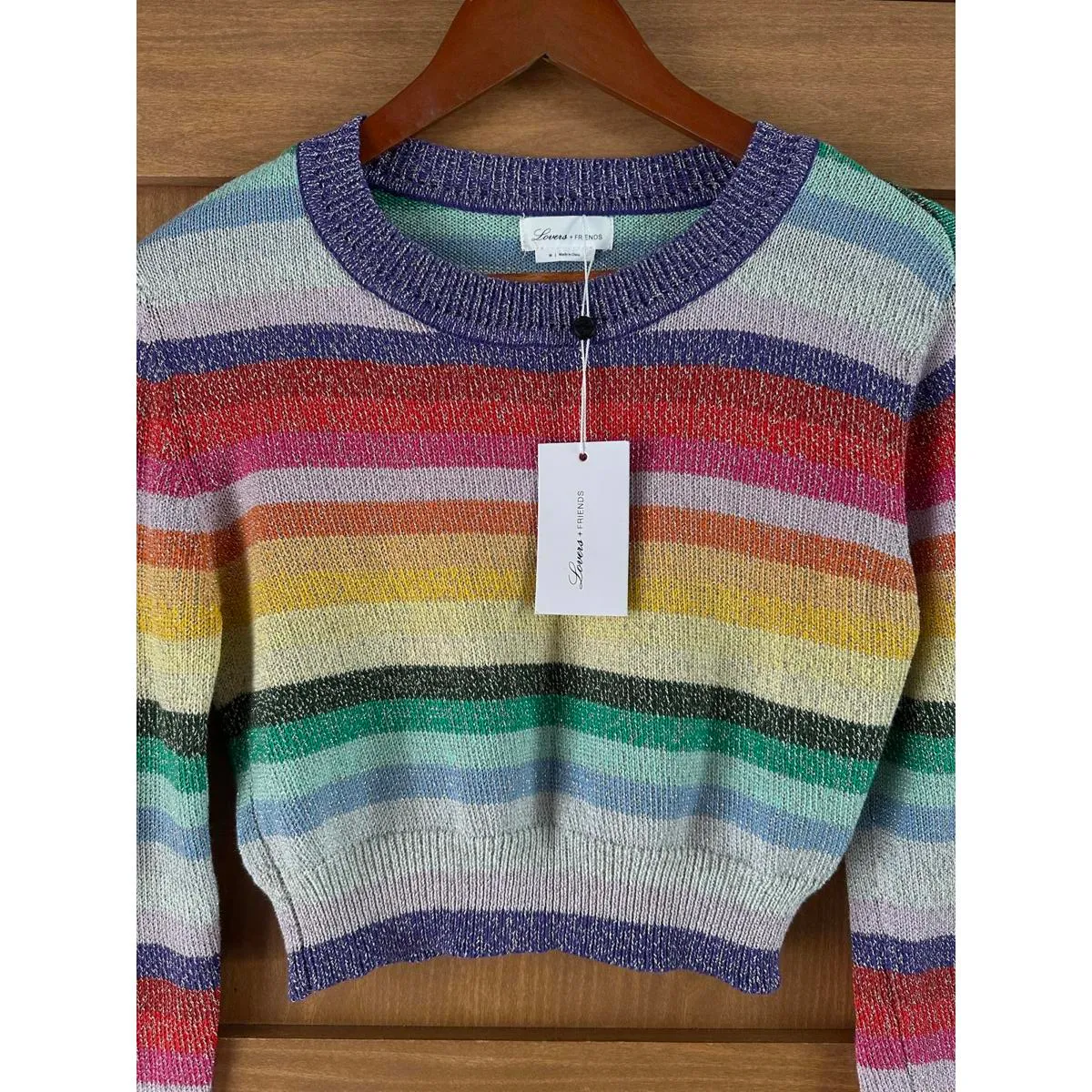 NWT Lovers & Friends Believe Cropped Sweater in Rainbow Sparkle Women’s Medium - Image 6