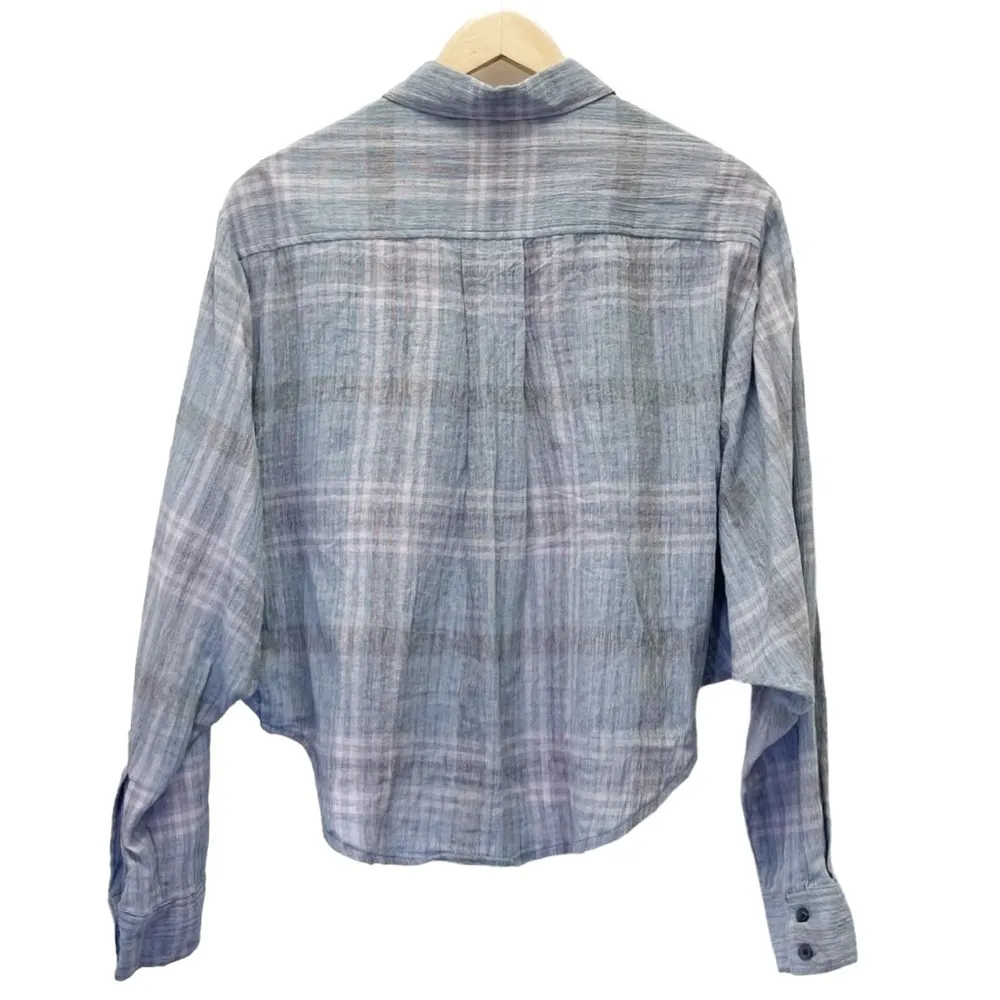 Free People Cropped Cutie Plaid Button Front Cotton Shirt Blue Gray Size Small - Image 3